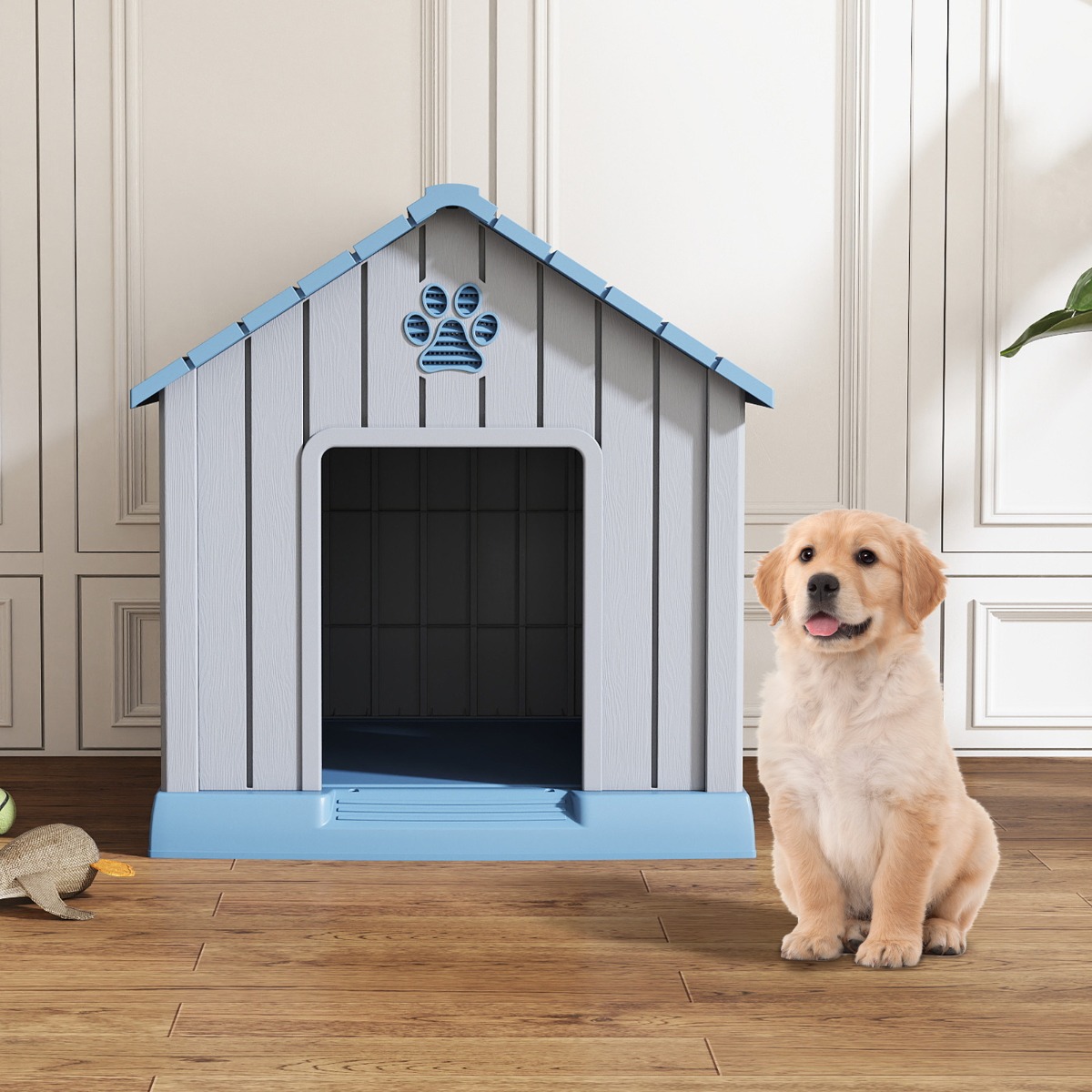 Kunststoff-Hundehütte für kleine und mittelgroße Hunde wasserfest und isoliert Indoor- und Outdoor-Hundehütte Blau