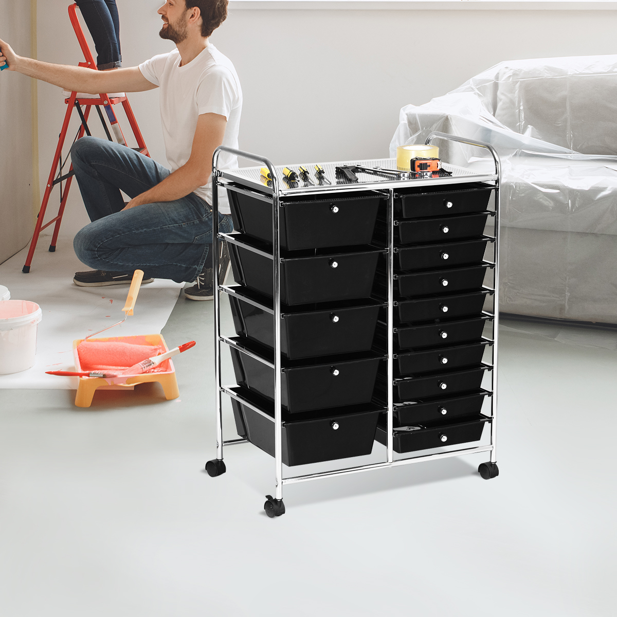 Rollwagen mit 15 stapelbaren Schubladen Rollcontainer Beistellwagen Farbig/Schwarz 63 x 37 x 87 cm-Schwarz