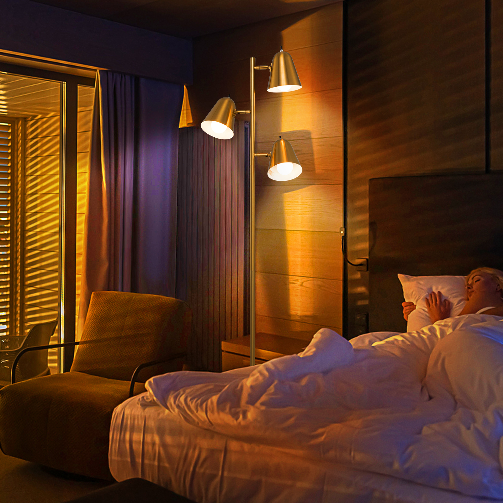 163cm Stehlampe mit 3 E27 Glühbirnen & 360° Verstellbaren Lampenschirmen Stehleuchte Gold