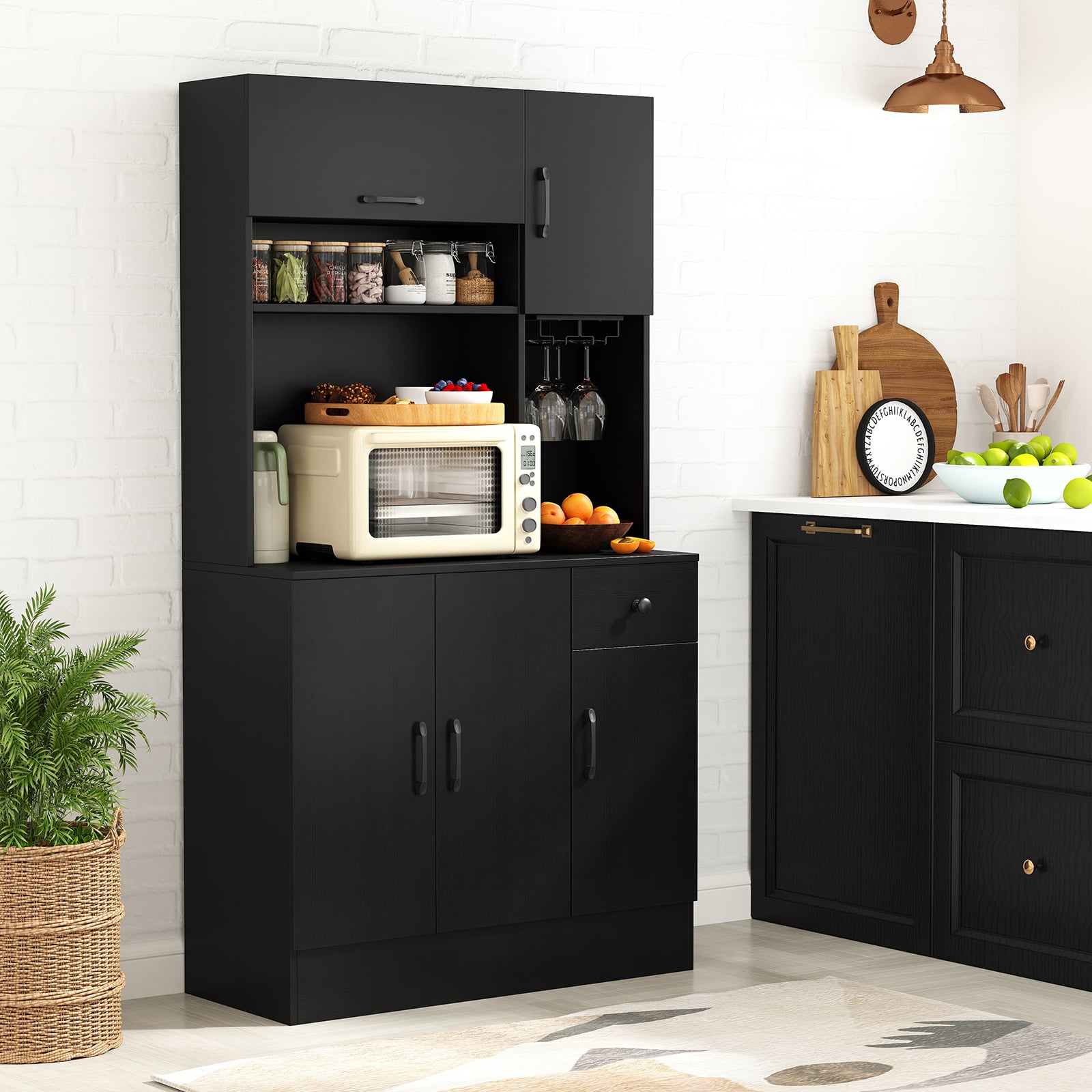 167 cm hoher Vorratsschrank mit Aufsatz und Steckdosen Küchenschrank mit Stielglashalter Schwarz