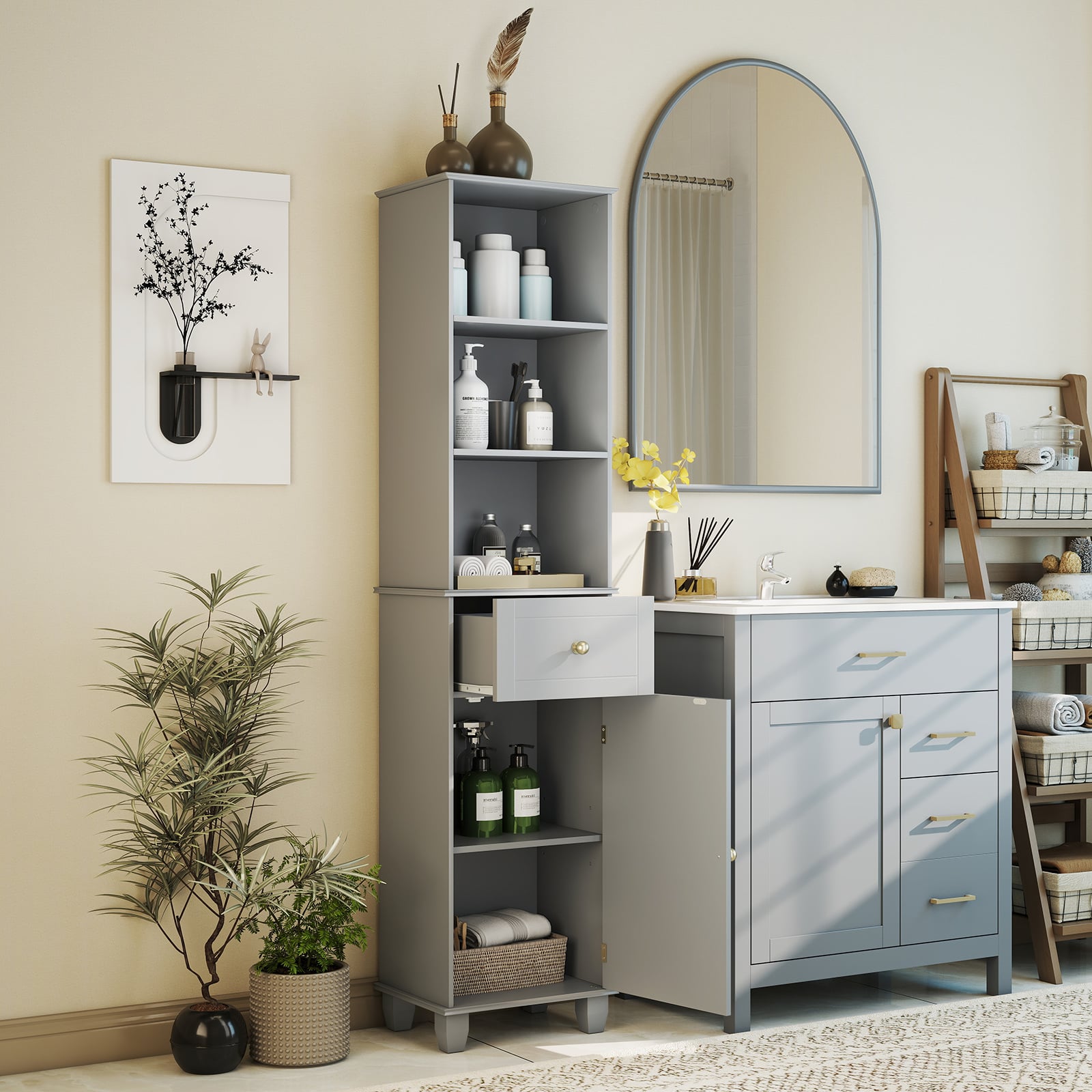 172 cm Badezimmerschrank schmaler Badschrank mit 3 offenen Regalen 1 Schublade 1 Tür Grau