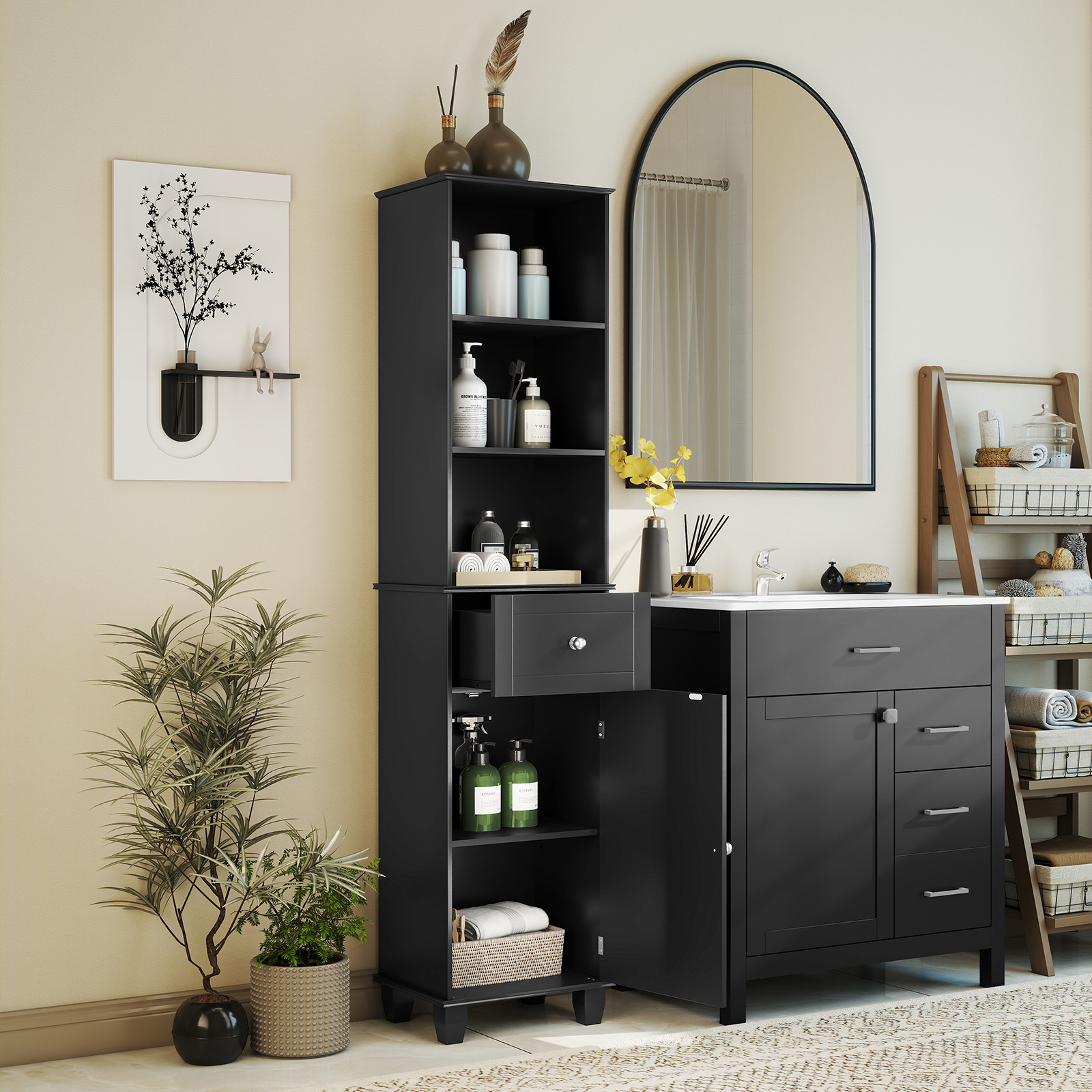 172 cm Badezimmerschrank schmaler Badschrank mit 3 offenen Regalen 1 Schublade 1 Tür Schwarz