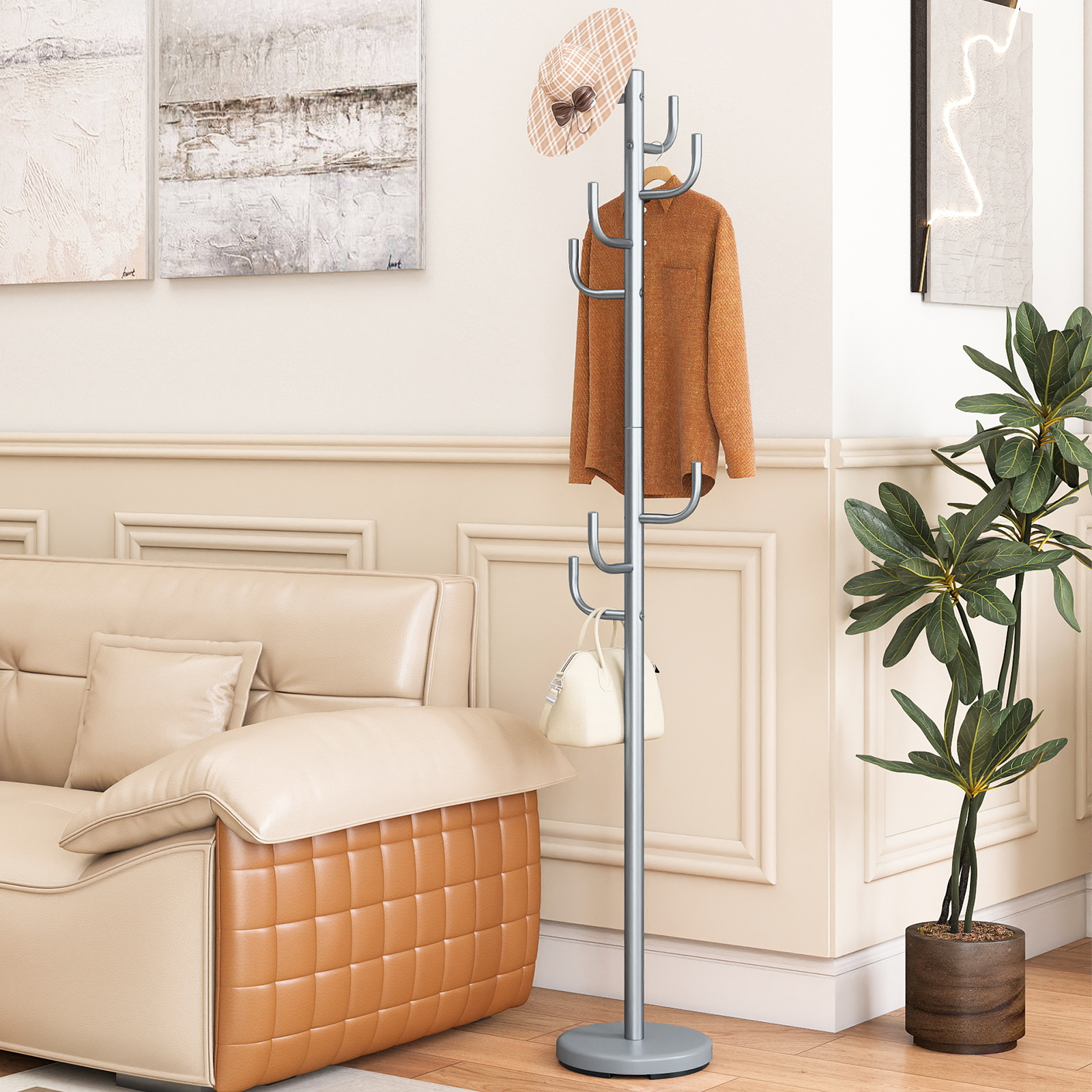 175 cm Moderner Garderobenständer 8-Haken Kaktus-Kleiderständer mit Gewichtsbasis & gebogenen Enden Silber