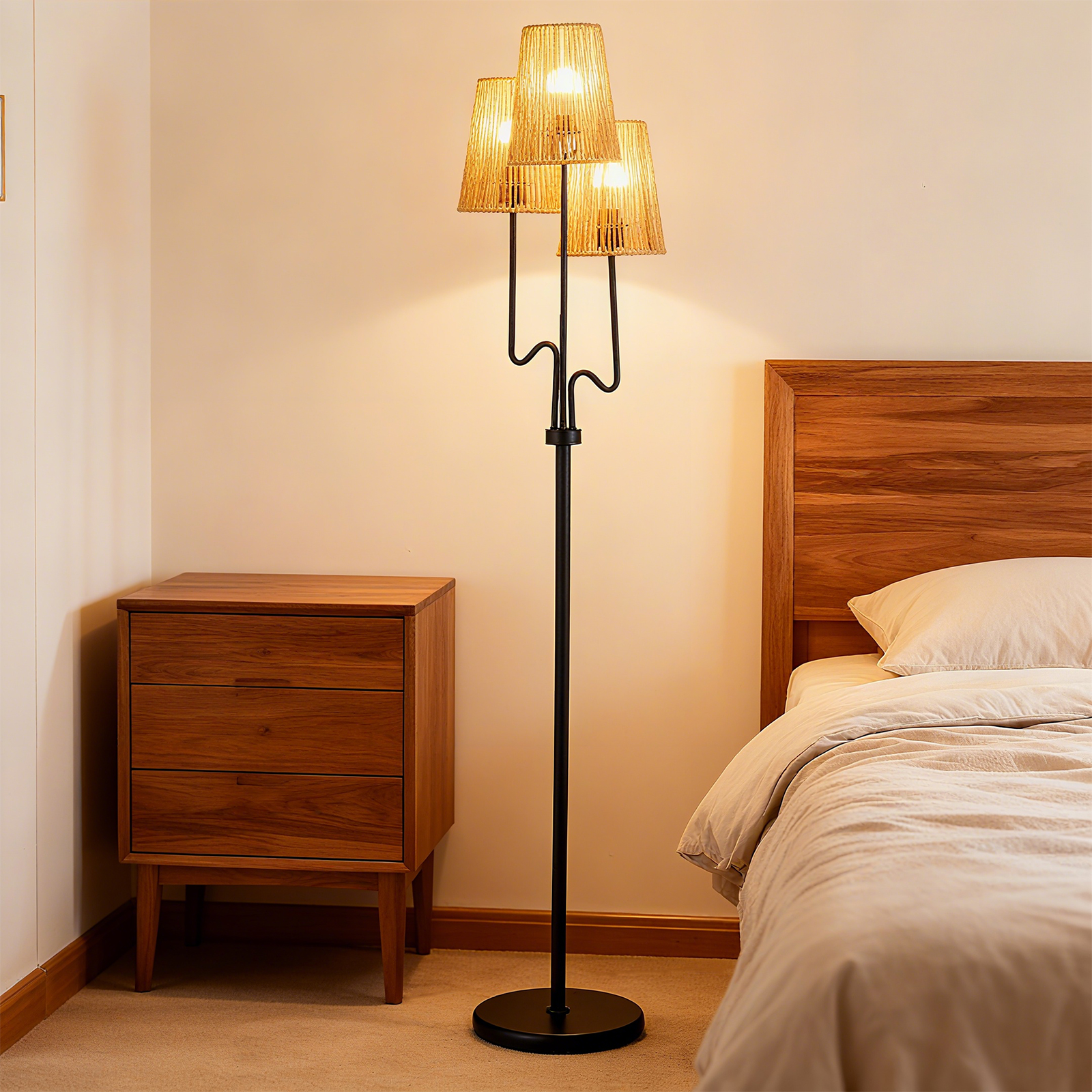 175cm Stehlampe 3 Flammige Stehleuchte mit Metallsockel & Papiergeflecht Lampenschirm Leselampe