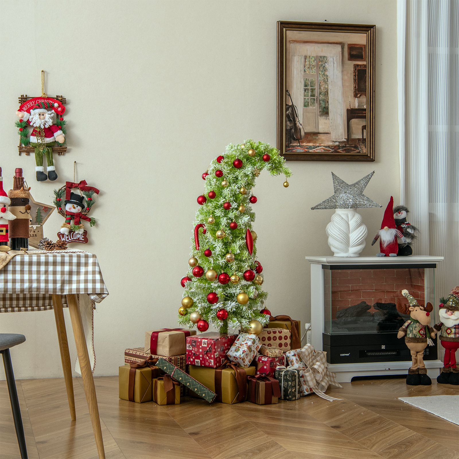 180 cm Künstlicher Weihnachtsbaum mit Beleuchtung und Schnee Tannenbaum mit biegbarer Spitze