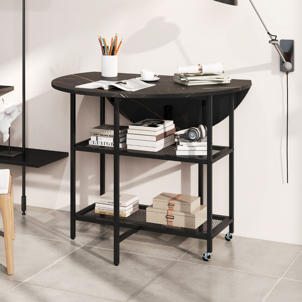 Klappbarer Esstisch mit Marmor Optik Mobiler Klapptisch für 2-4 Personen Küchentisch Schwarz