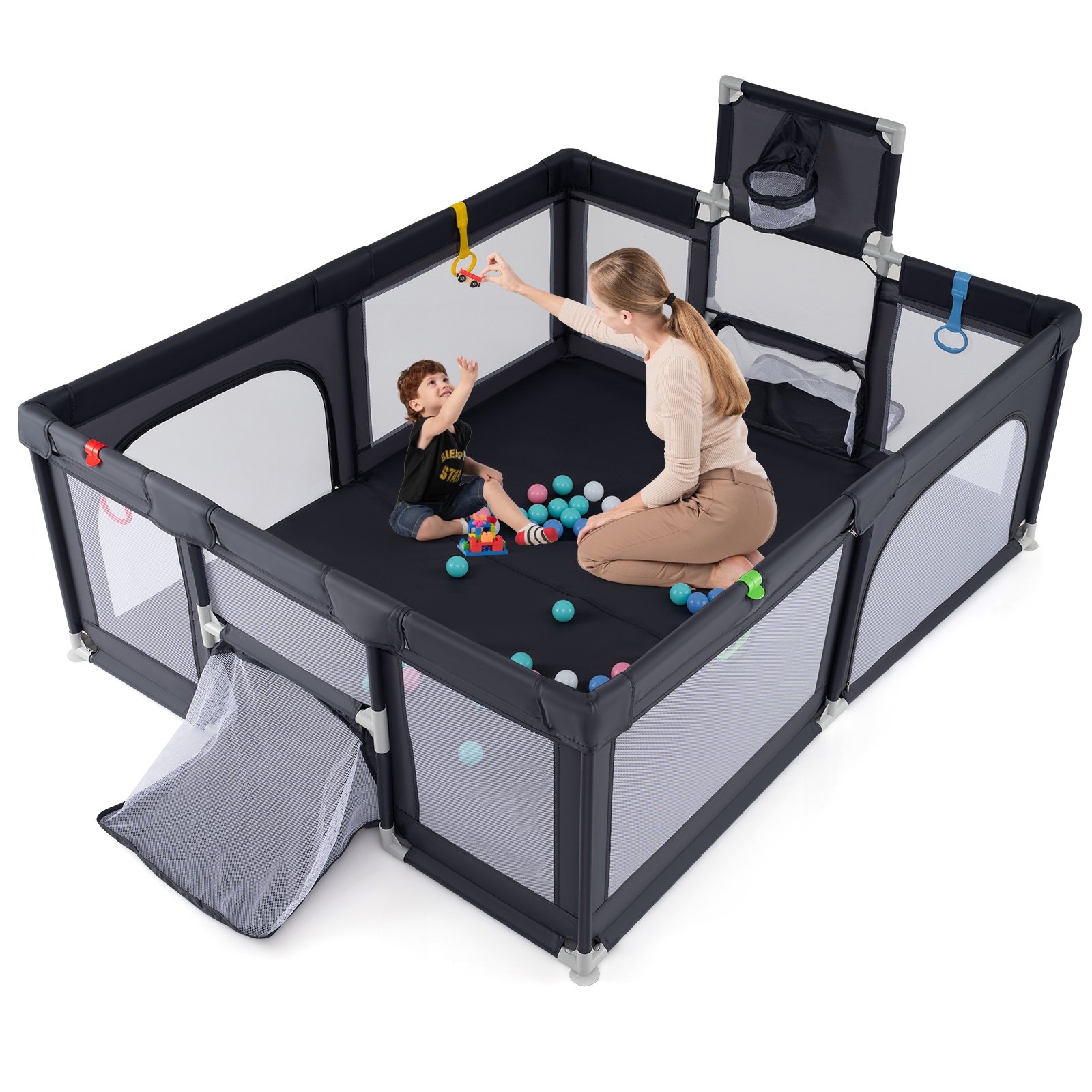 188 x 157 cm Baby Laufstall mit Basketballkorb Fußballtor faltbarem Kleinkind-Laufgitter mit Reißverschlusstür Dunkelgrau