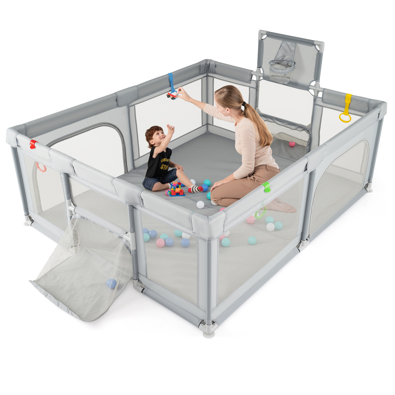 188 x 157 cm Baby Laufstall mit Basketballkorb Fußballtor faltbarem Kleinkind-Laufgitter mit Reißverschlusstür Hellgrau