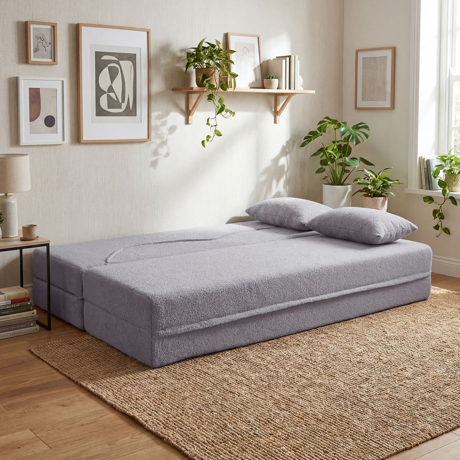 Schlafsofa mit 2 Bequemen Kissen & Memory Schaum Boneless Sofa Bett Teddy-Fleece Grau
