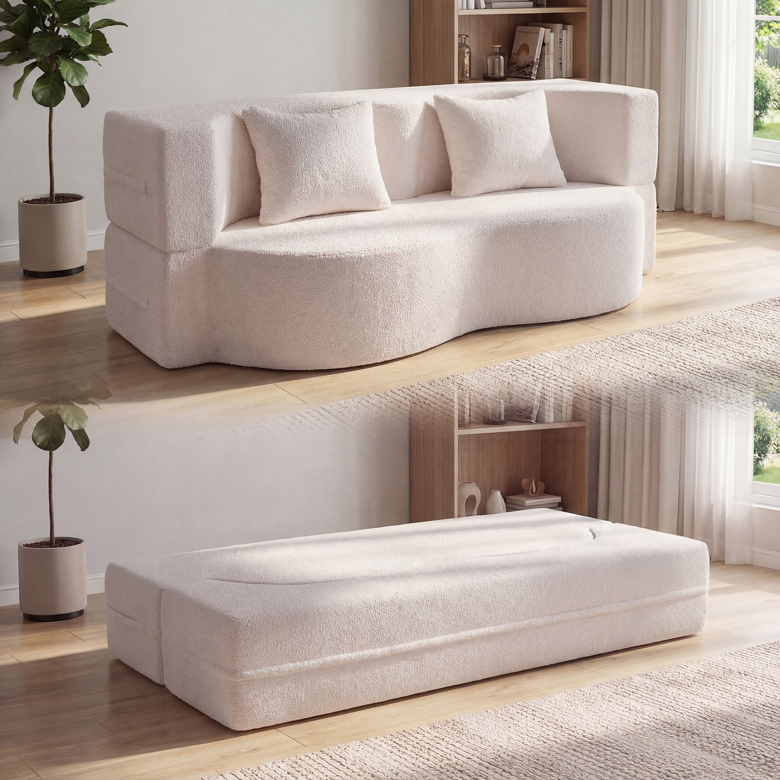 Schlafsofa mit 2 Bequemen Kissen & Memory Schaum Boneless Sofa Bett Teddy-Fleece Beige