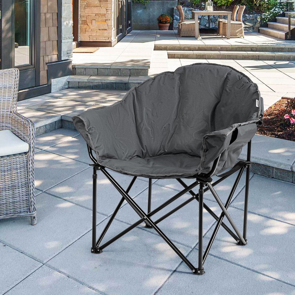 Übergroßer Camping- Faltstuhl Kissen Gepolsterter Moon Chair Rund mit Becherhalter aufklappbarer Saucer Chair Grau