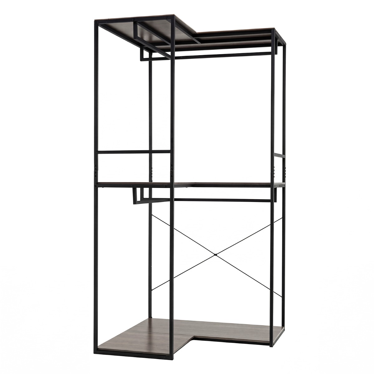 L-förmiger Kleiderständer mit 3 Ablagen & 4 Kleiderstangen Holz Eckgarderobe Garderobenständer Grau