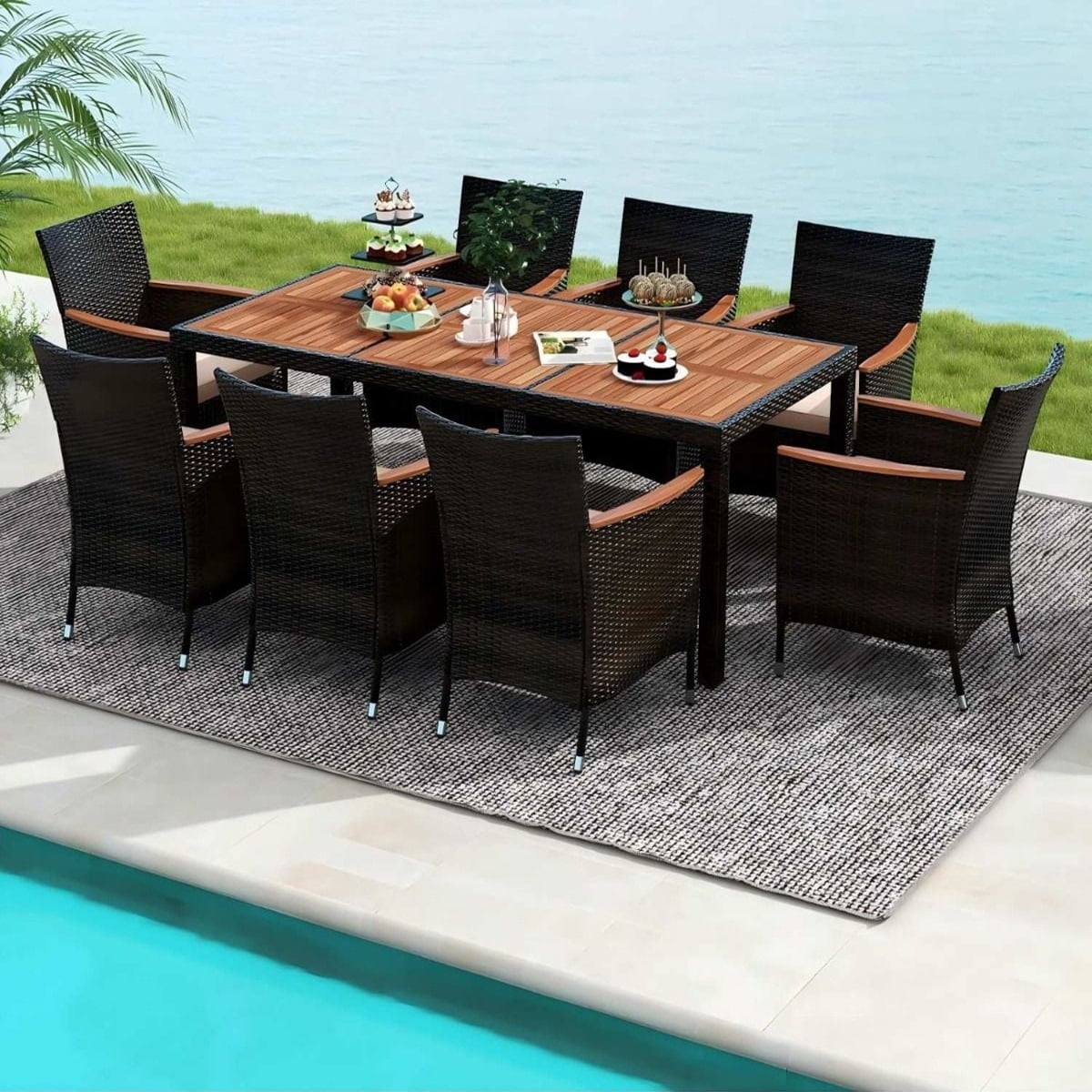 9 TLG. Rattan Gartenmöbel Set Outdoor Sitzgruppe 8 Stühle mit Gartentisch aus Akazienholz mit Schirmloch Braun