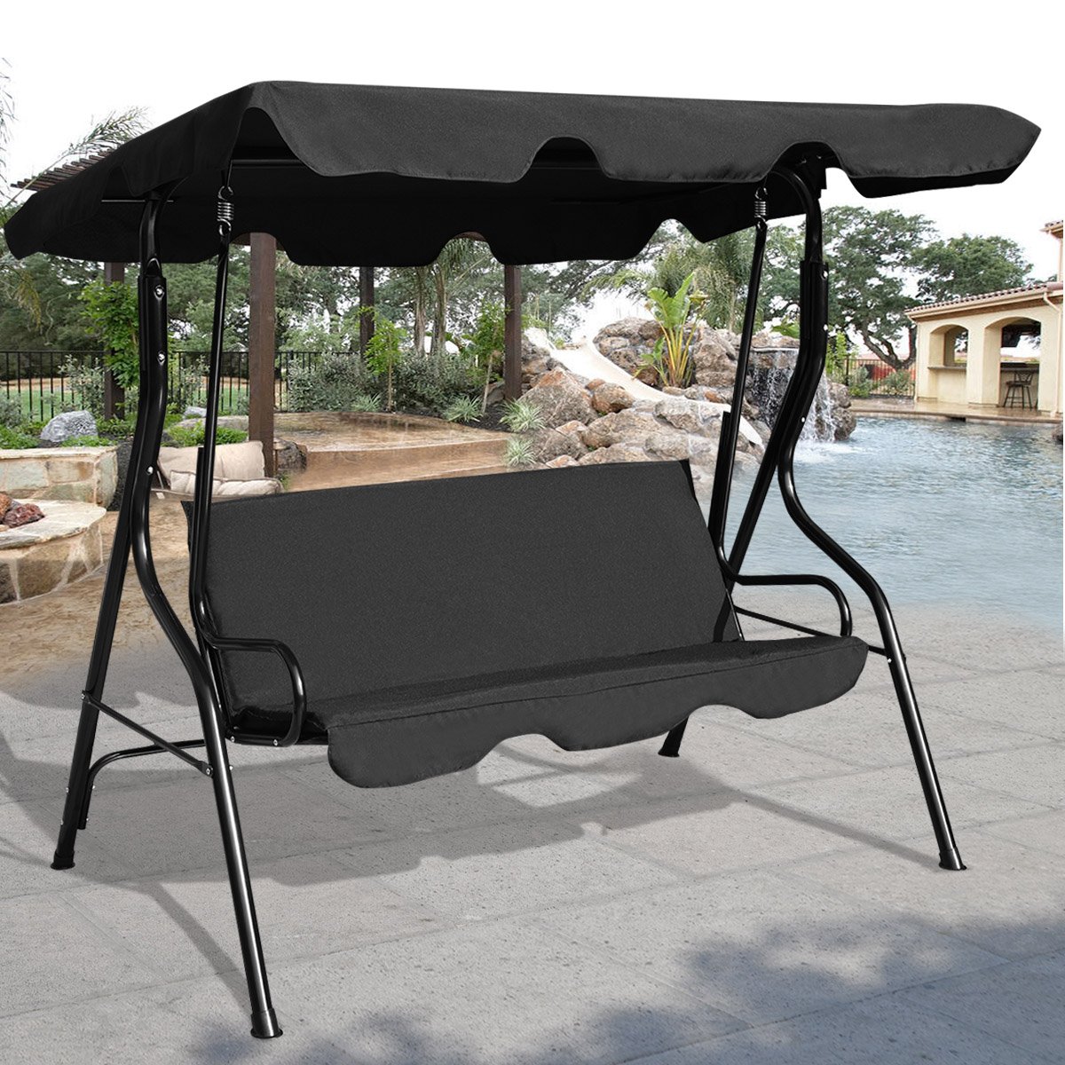 Hollywoodschaukel 3-Sitzer Gartenschaukel Schaukelbank mit Sonnendach Grün/Braun/Schwarz 172 x 154 x 110 cm-Schwarz