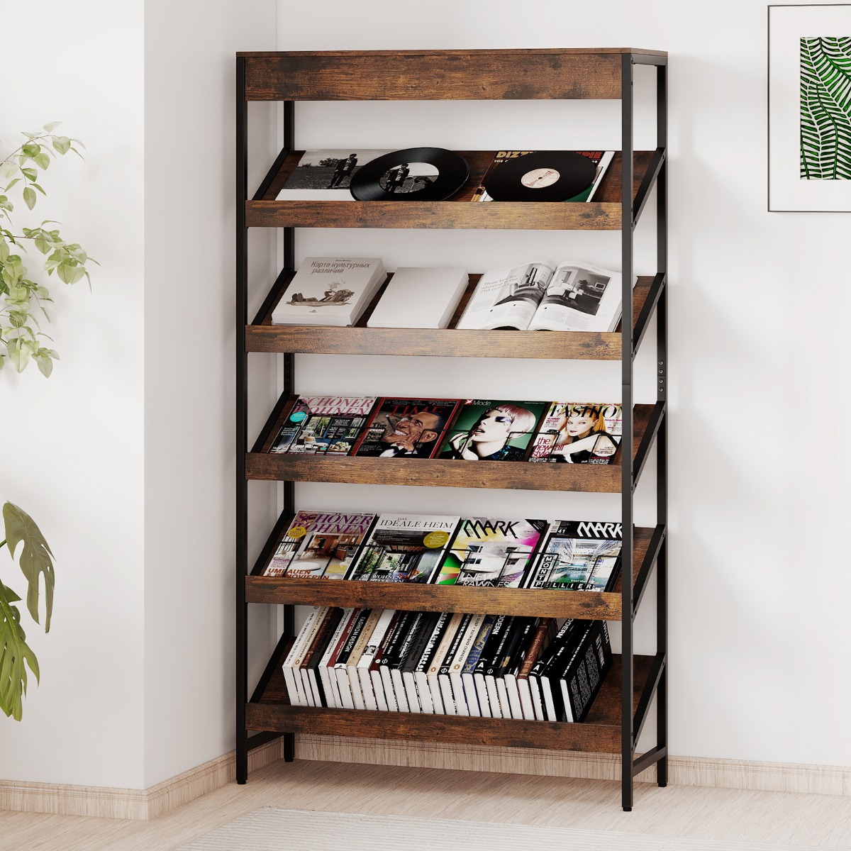 161 cm Industrielles Bücherregal mit Metallrahmen Freistehendes Lagerregal Anzeige Standregal Braun