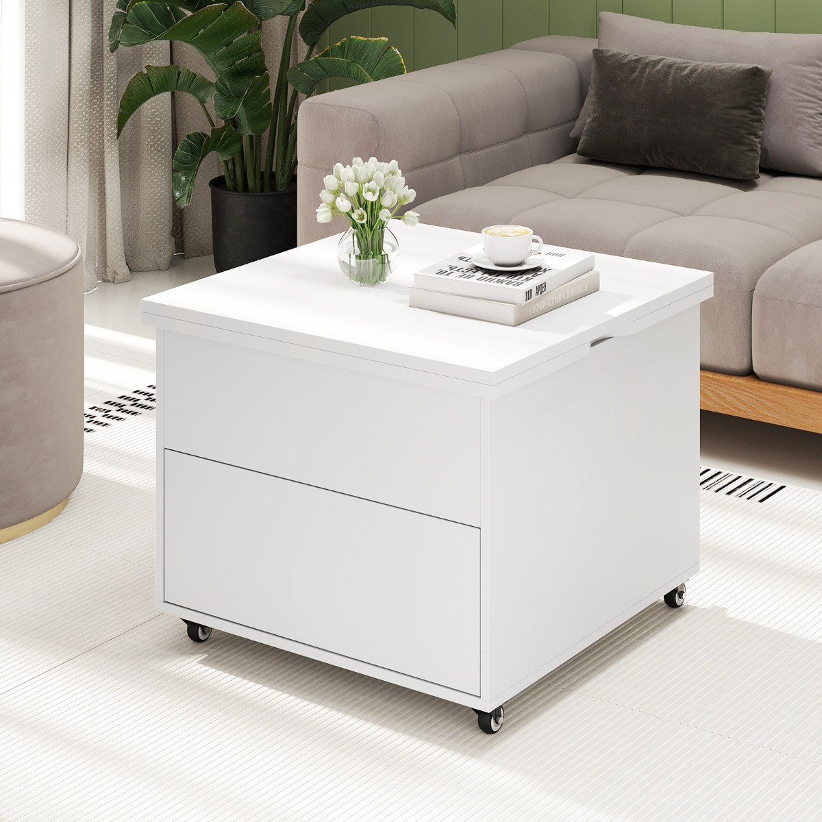 Klappbarer Couchtisch mit Höhenverstellbarer Platte & Verstecktem Stauraum Sofatisch Weiß
