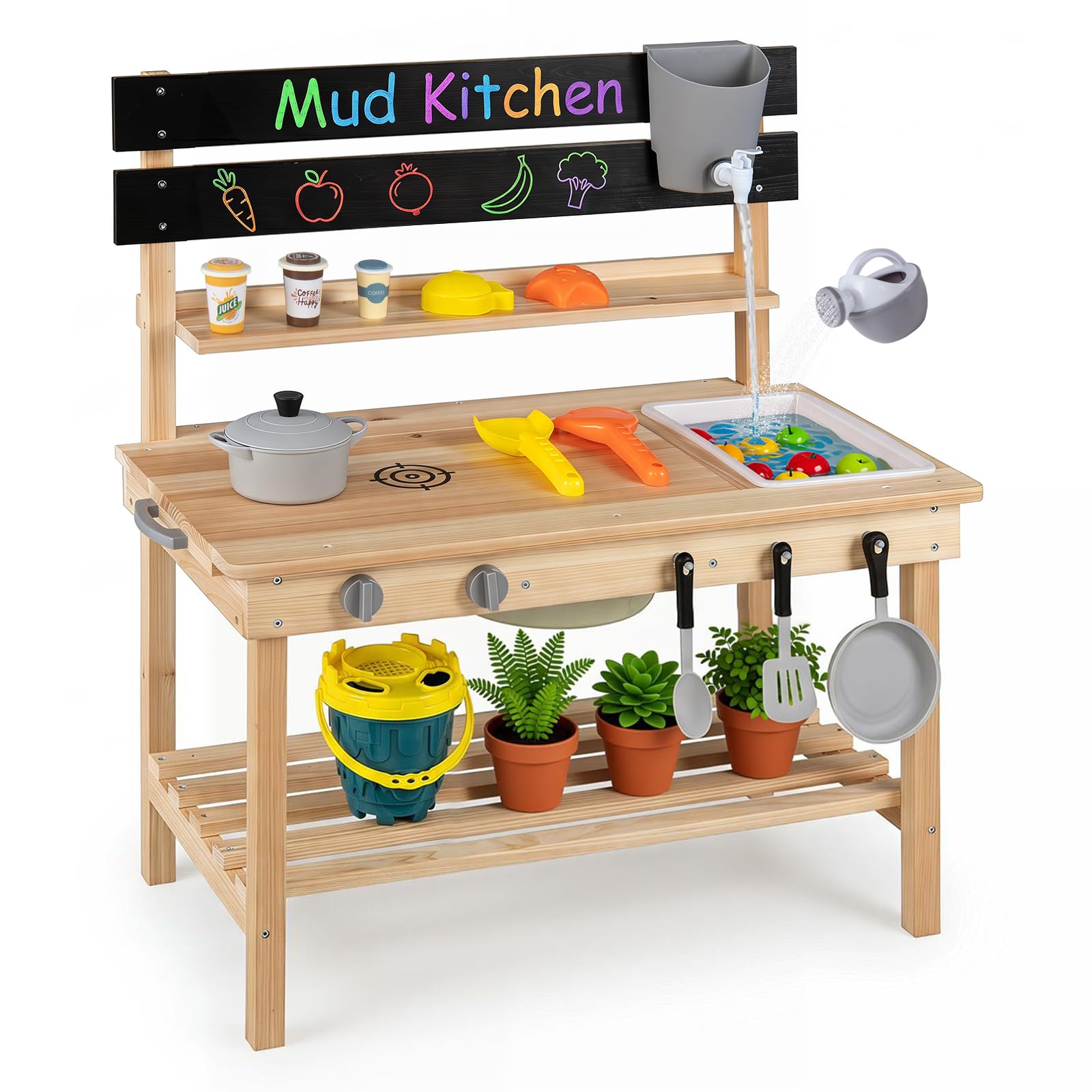 2 in 1 Matschküche Holz Spielküche mit Verschiebbarer Tafel Spülbecken Küchenutensilien und Zubehör