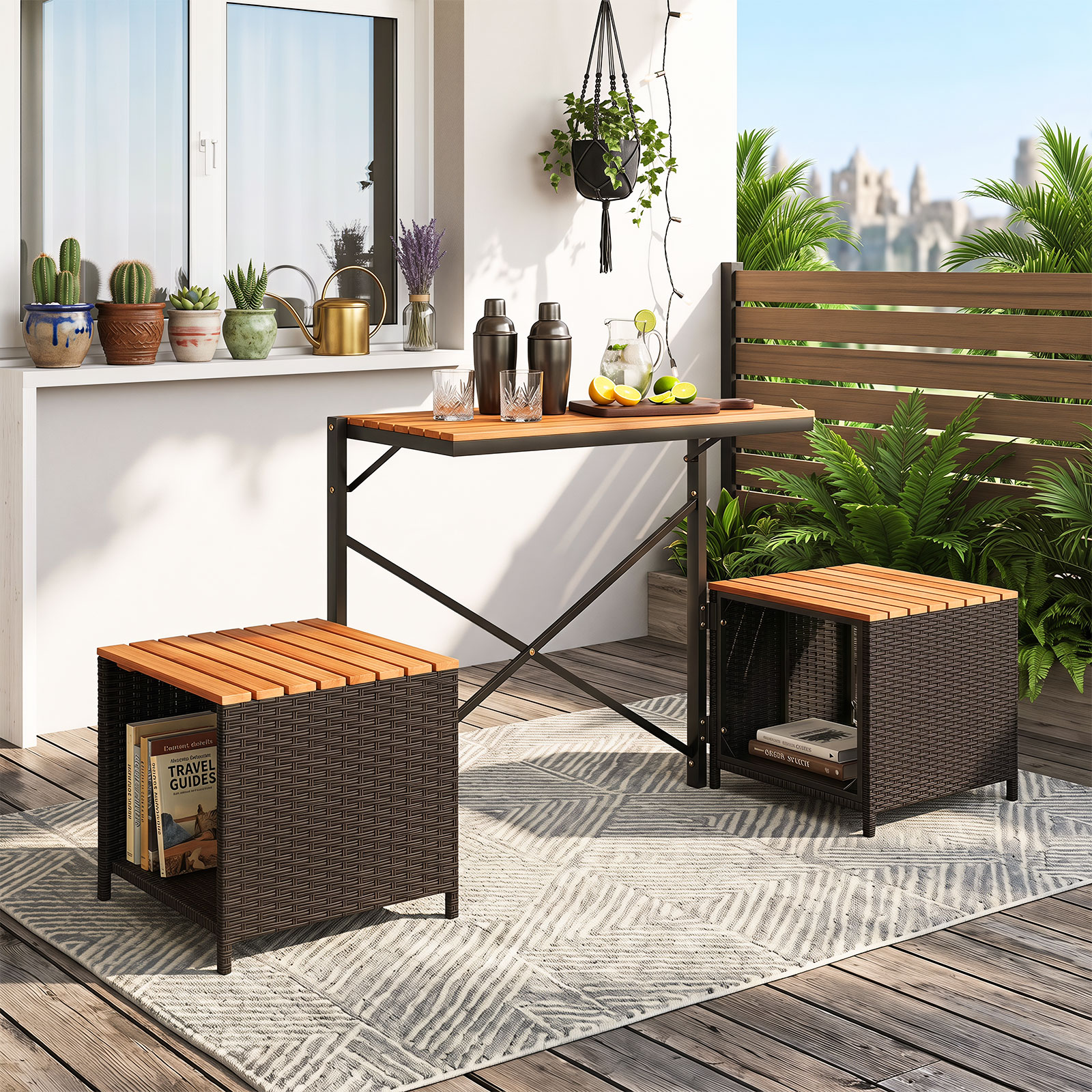 2-in-1 Outdoor Klappbank Wandelbarer Picknicktisch & Gartenbank mit Metallrahmen Braun
