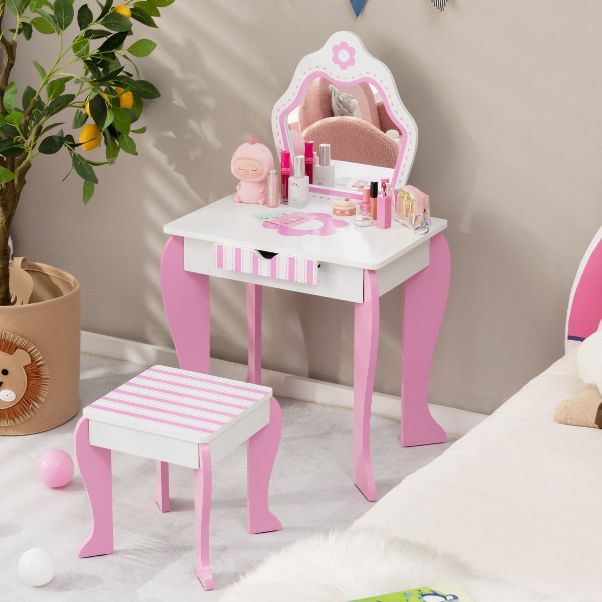 Schminktisch & Hocker-Set für Kinder mit Spiegel und Schublade 49 x 34 x 86,5 cm Rosa