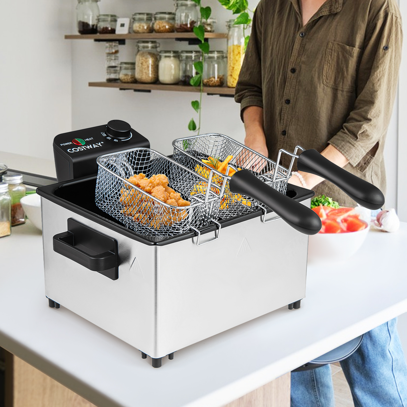 2000W Elektrische Öl-Fritteuse mit 3 Frittierkörben & Einstellbare Temperatur & Sichtfensterdeckel