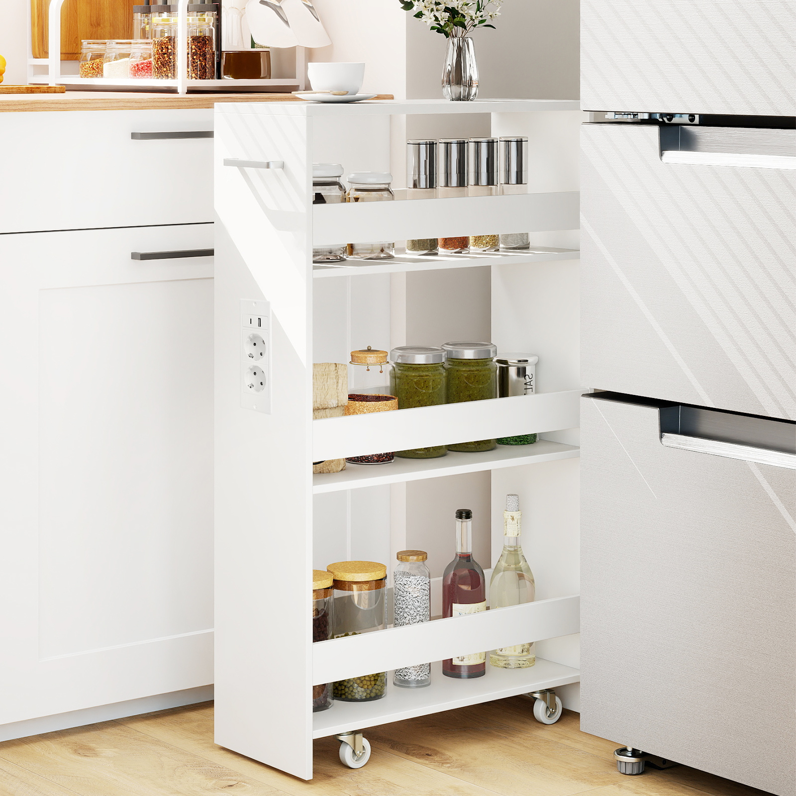 20 cm Breit Nischenwagen auf Rollen 4 Etagen Schmal Servierwagen Küchenwagen Weiß