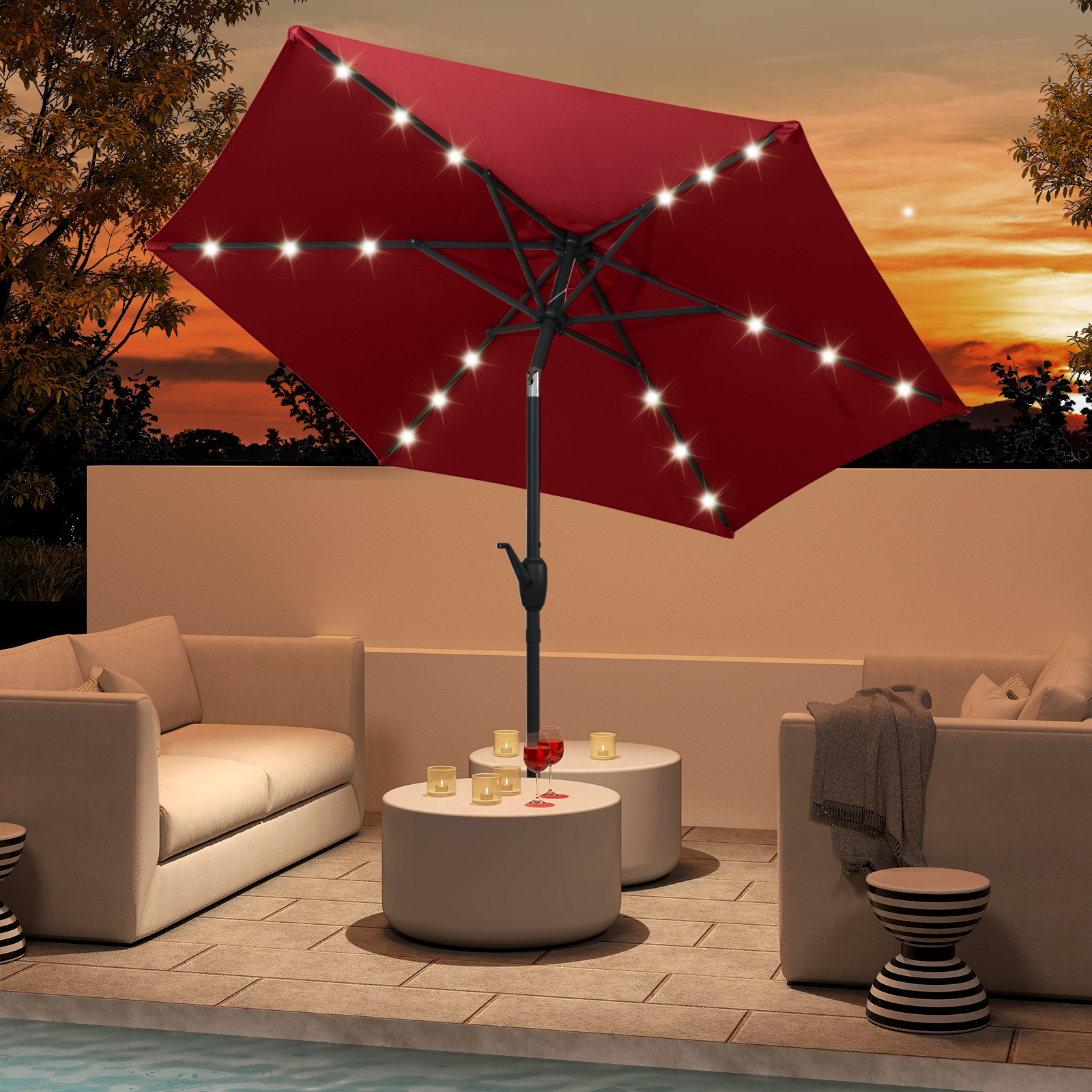 230 cm Sonnenschirm mit LED Solar Beleuchtung & Kurbel Gartenschirm Marktschirm Wine