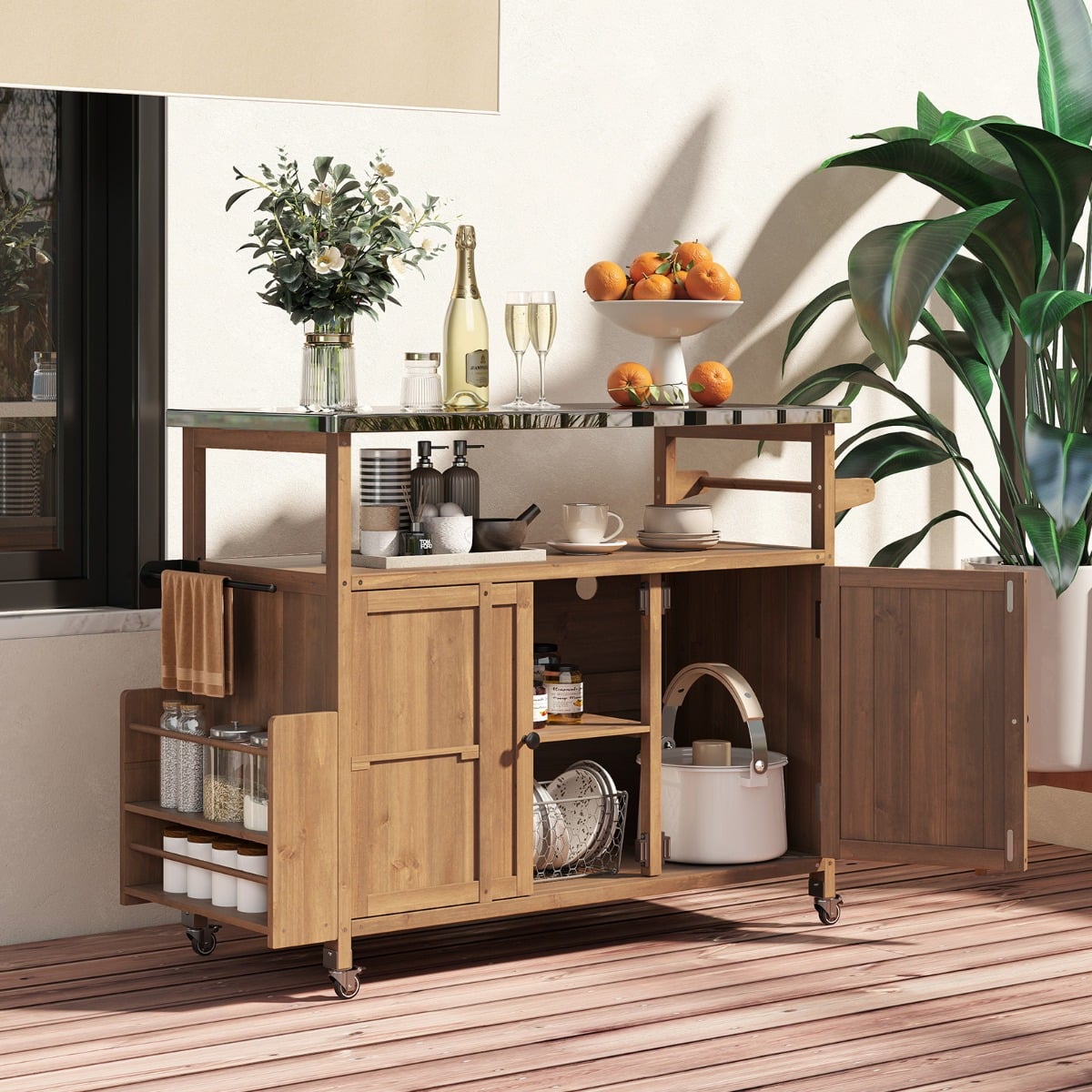 130 cm Outdoor Grillwagen mit Edelstahl-Arbeitsplatte Kücheninsel mit abschließbaren Rollen Küchenwagen Natur