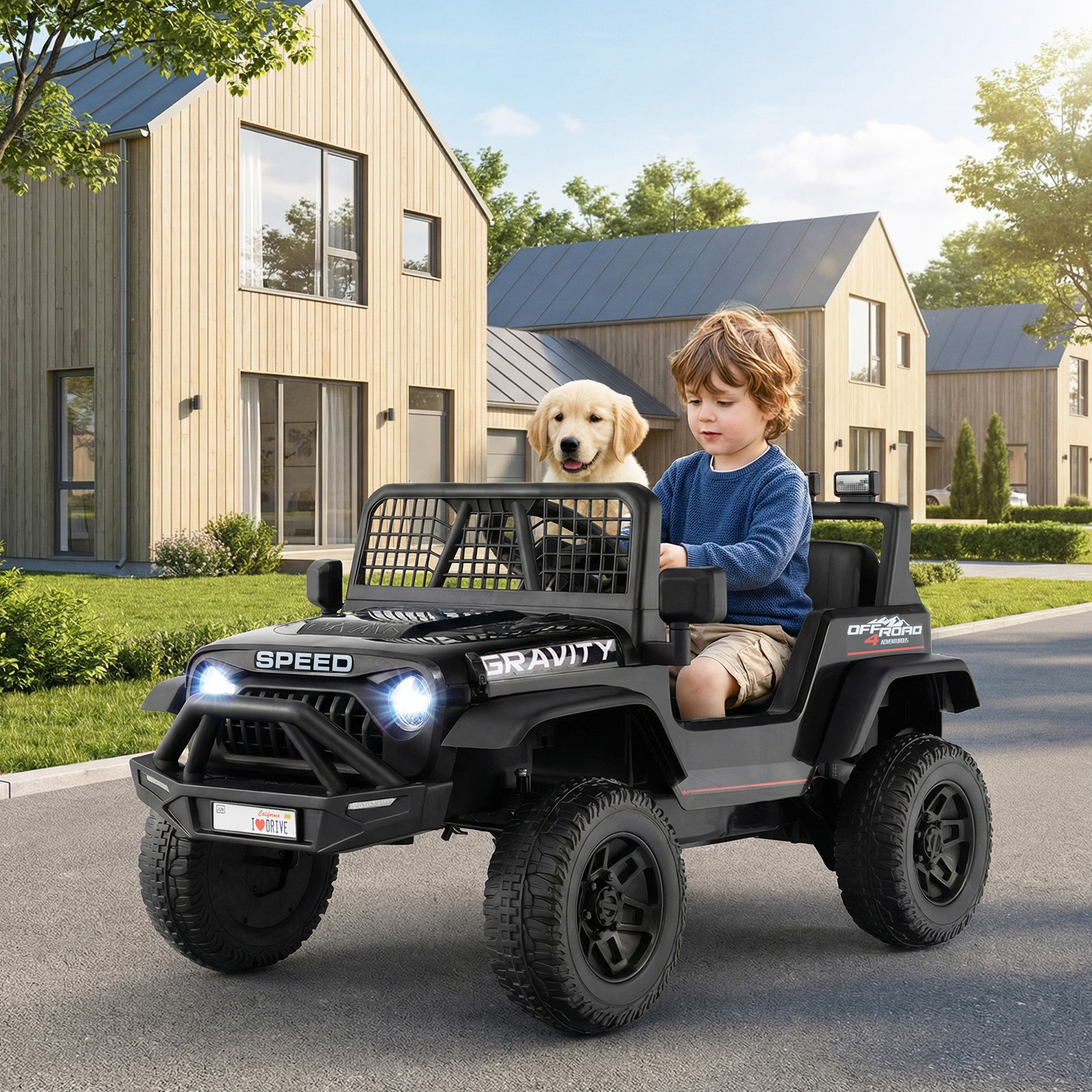 24 V Kinderfahrzeug elektrisches Kinderauto mit Fernbedienung Musik Hupe LED-Scheinwerfer (Schwarz)