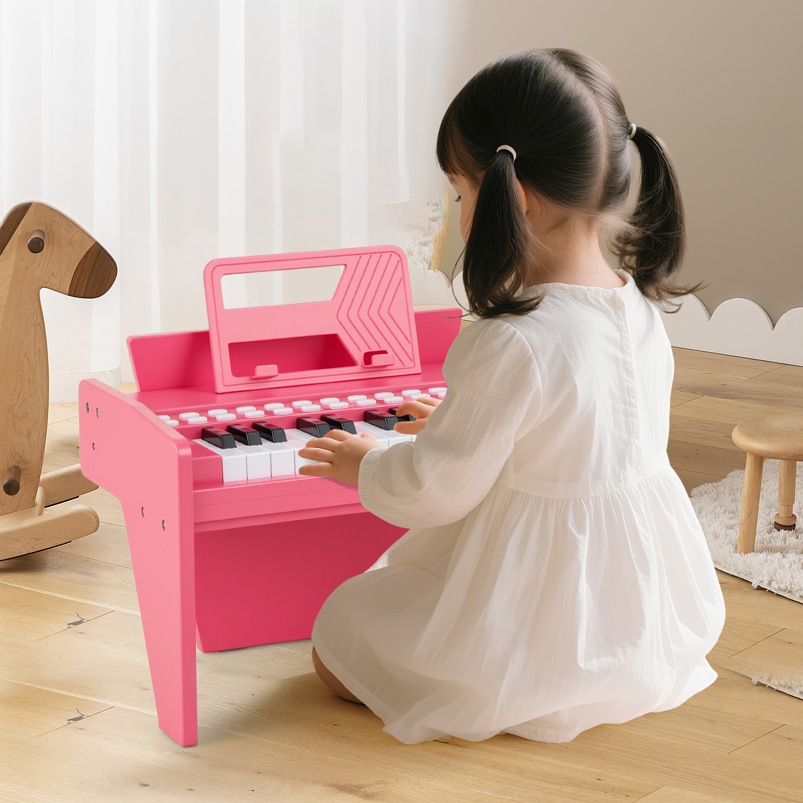 25 Tasten Keyboard Kinder Mini Digitales Klavier Holzspielzeug mit Einstellbarer Geschwindigkeit Rosa