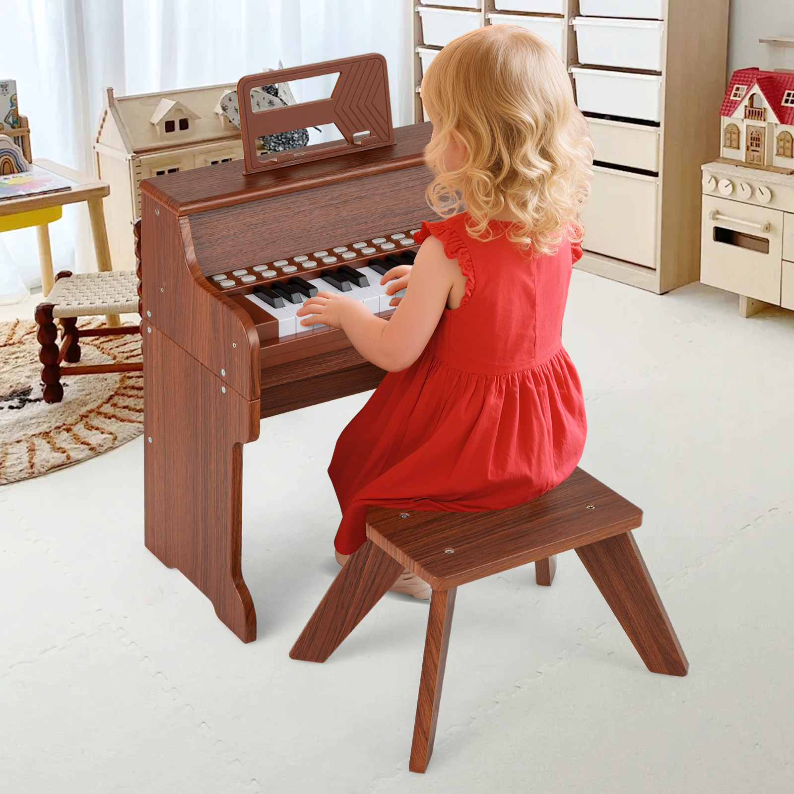 25 Tasten Mini Digitalpiano mit Hocker Kinder Klavier mit Einstellbarer Geschwindigkeit Braun