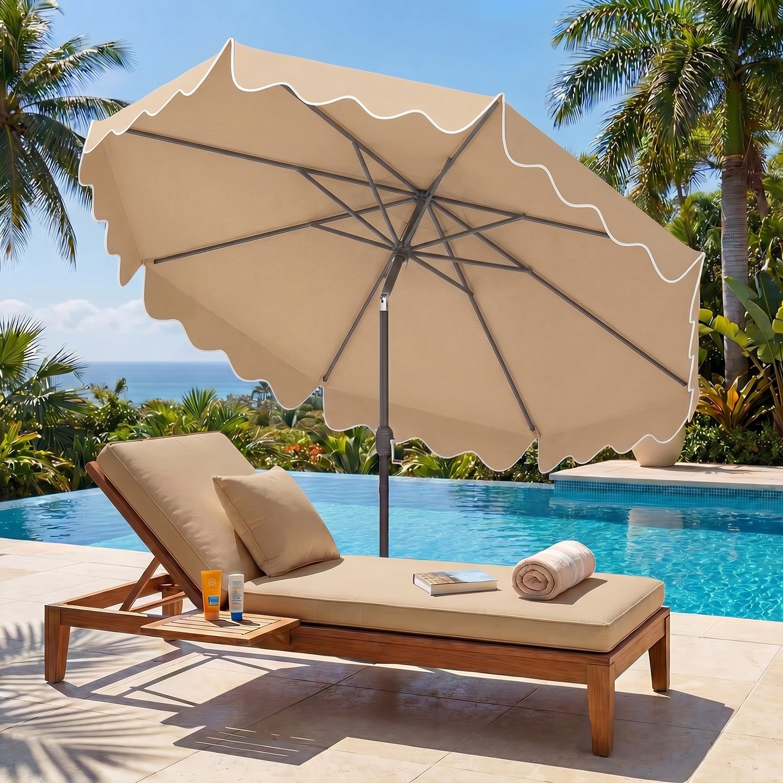 270 cm Sonnenschirm mit Rüschen & Handkurbel Terrassenschirm Beidseitig 30° Knickbar Beige