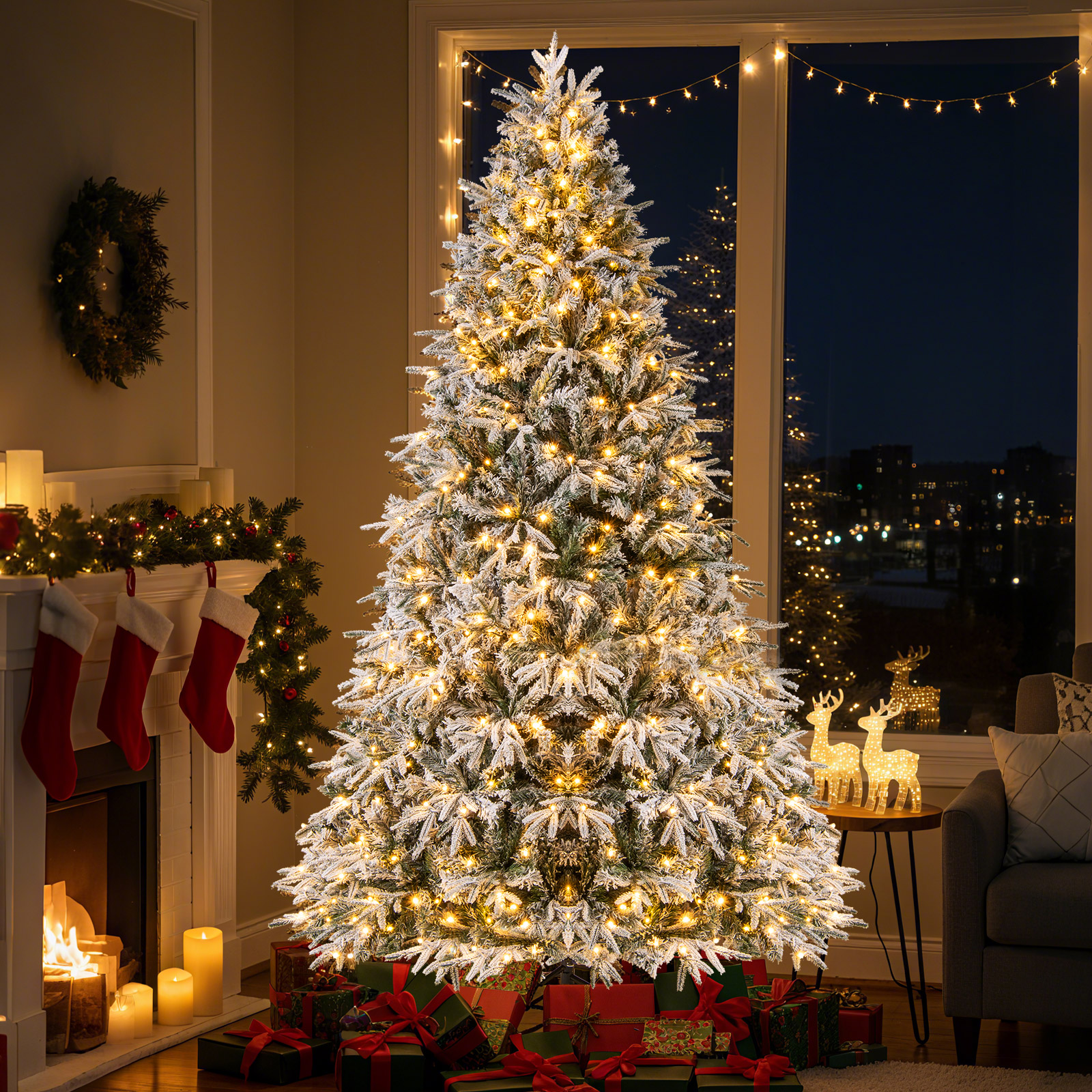 270 cm Künstlicher Weihnachtsbaum mit Beleuchtung und Schnee, Tannenbaum mit warmweißen LED-Lichtern
