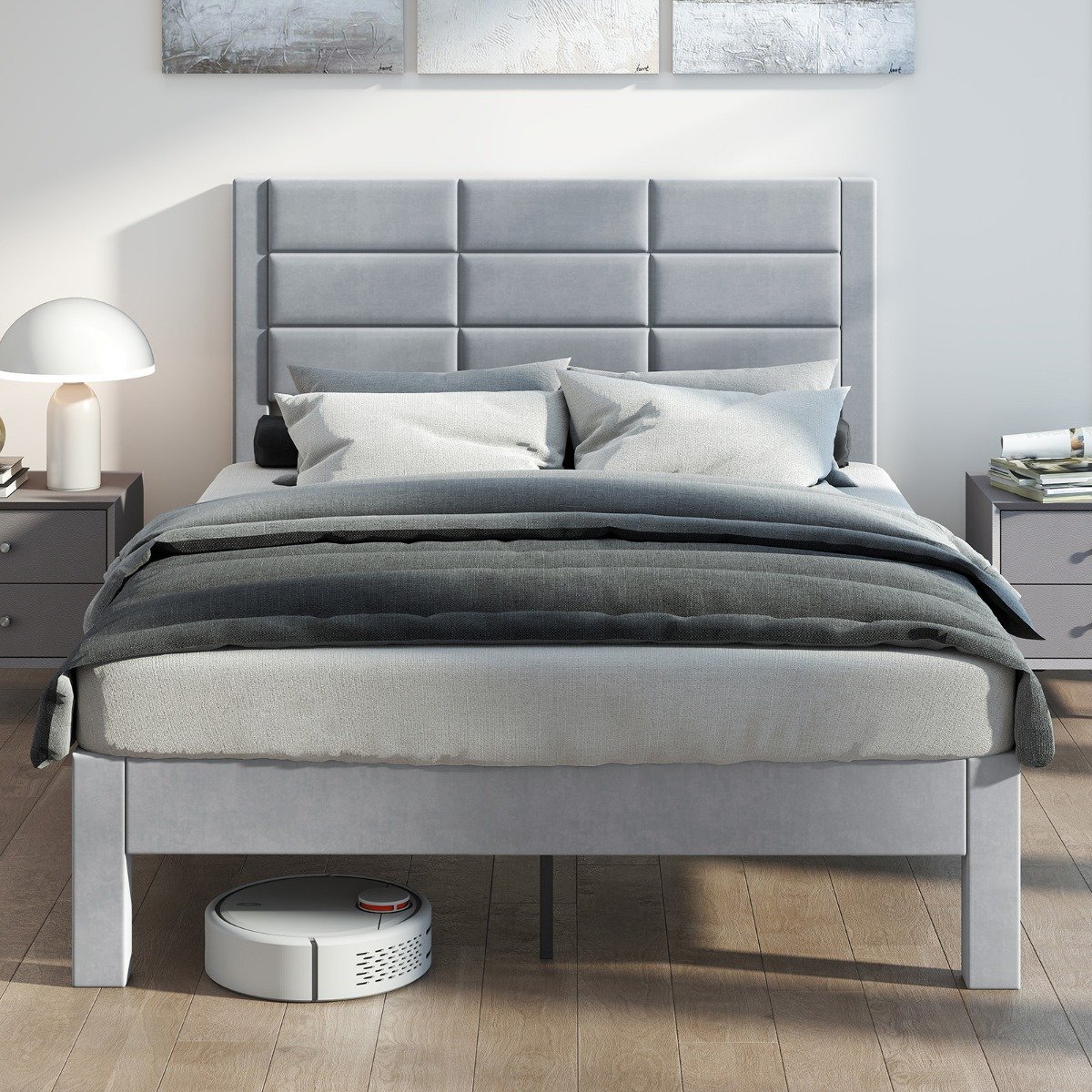 Bettgestell für 200 x 140 cm Matratze Samtstoff Gepolstertes Doppelbettgestell Plattformbett Grau