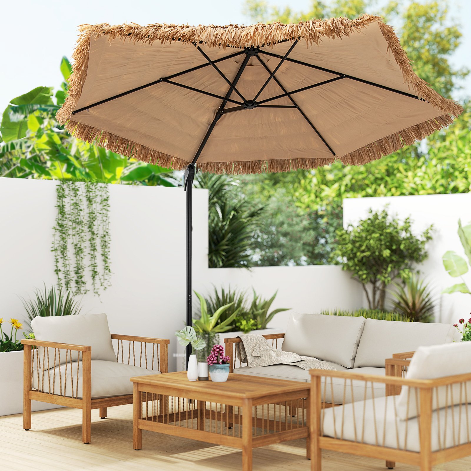 283 cm Cantilever Hula Tiki Thatch Patio Sonnenschirm im hawaiianischen Stil mit belüftetem Top Sonnenschutzdach Natur