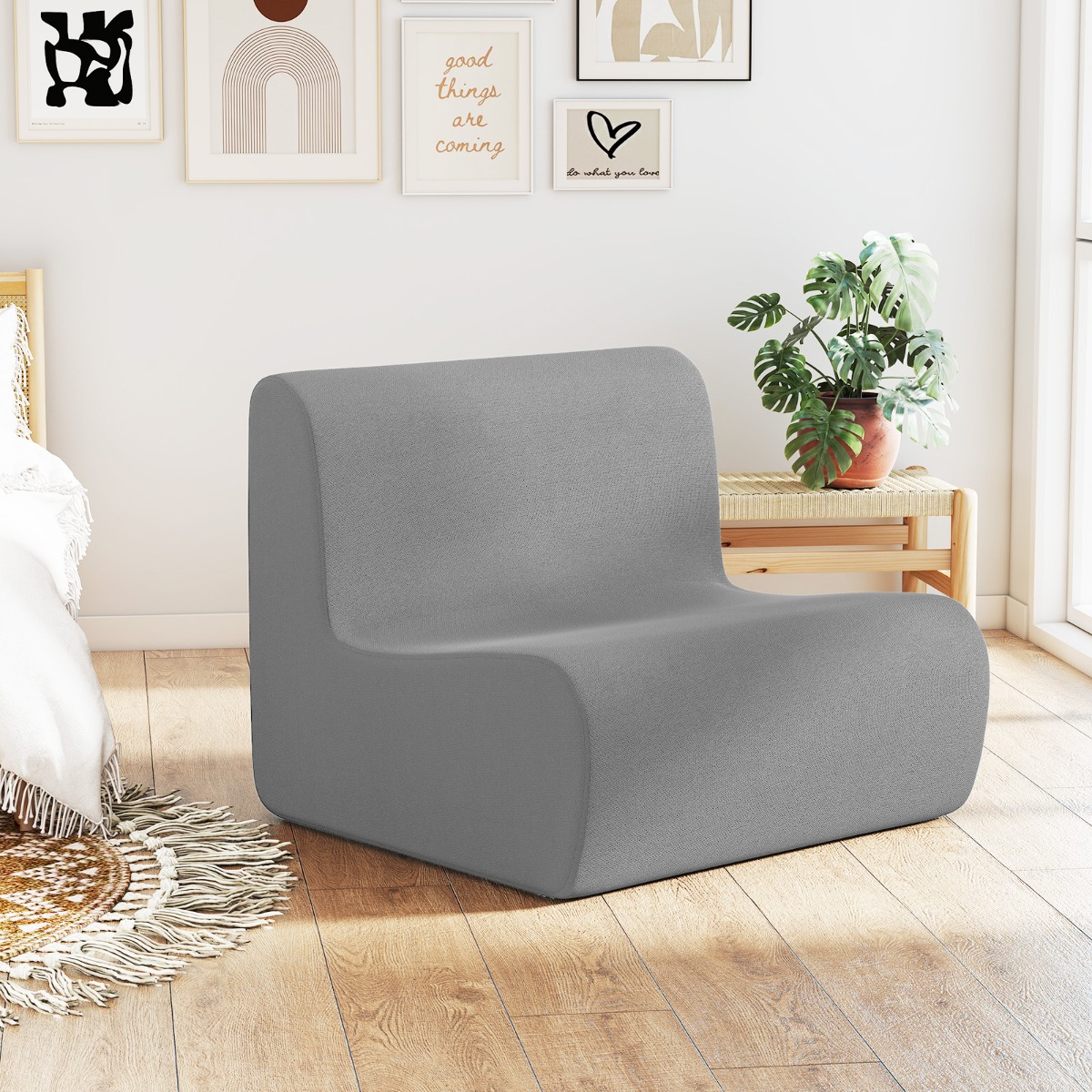 Sitzsack bequemer Bodensofa Stuhl mit weichem Samt & ergonomischer Unterstützung komfortabler Einzel-Lesesessel Grau