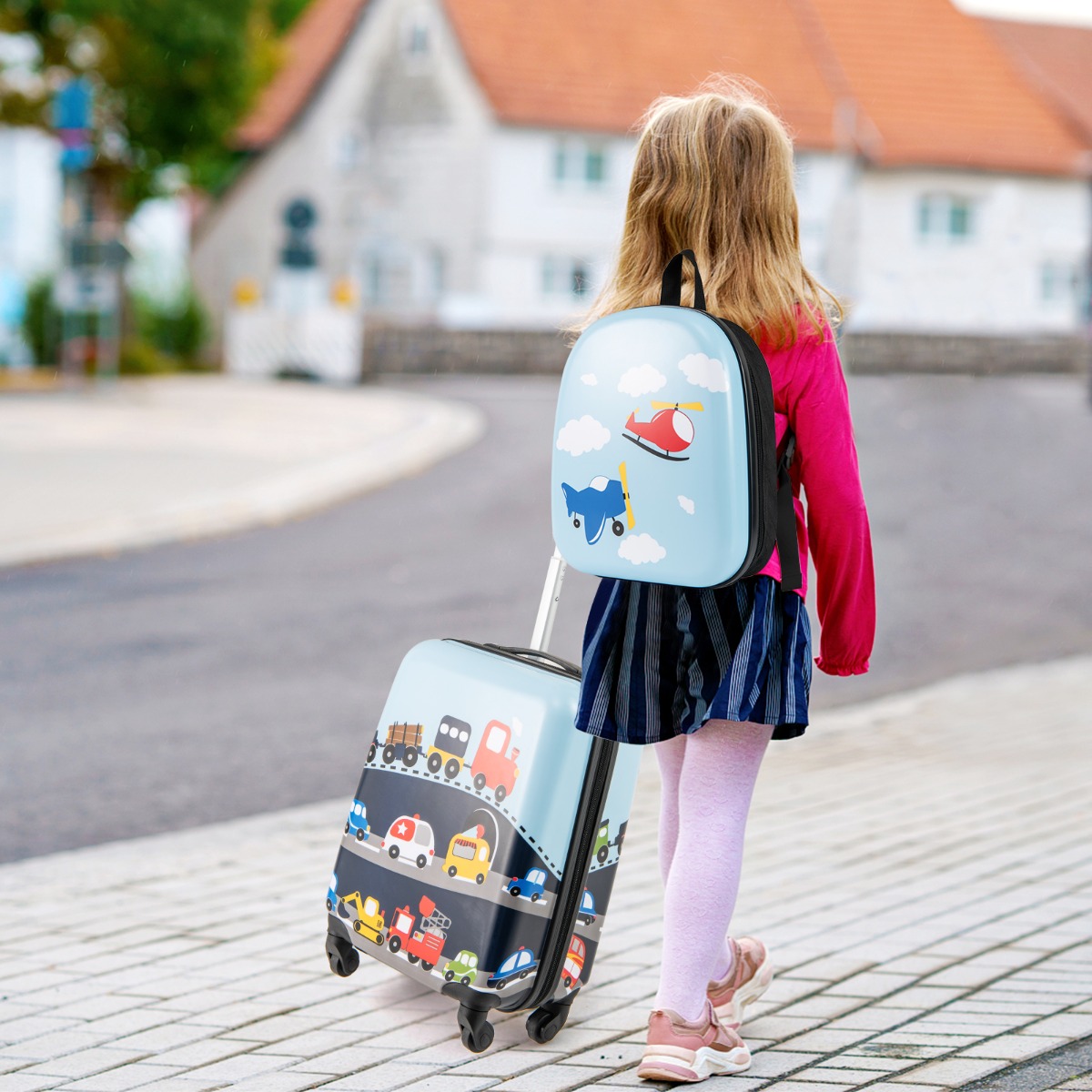 2tlg Kinderkoffer Set Kindergepäck mit Rädern 17' Handgepäck & 13' Hartschalen-Rucksack Blau Verkehrsmittel