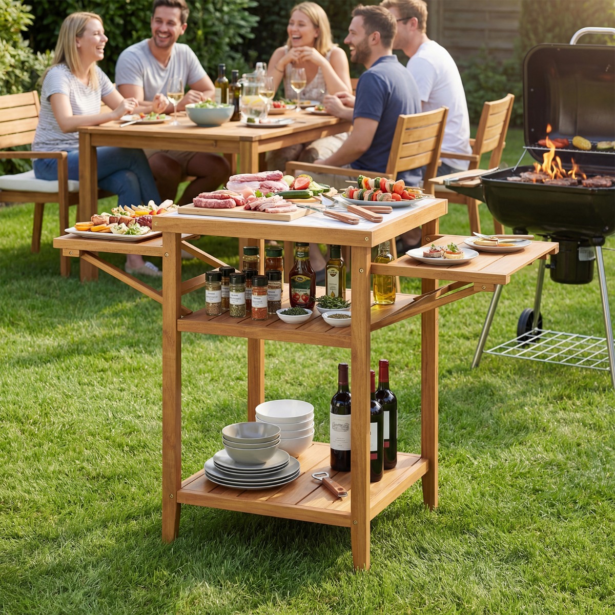 Grilltisch mit Klappbaren Seitenablagen & 2-stufige Ablage BBQ-Tisch aus Akazienholz Kücheninsel