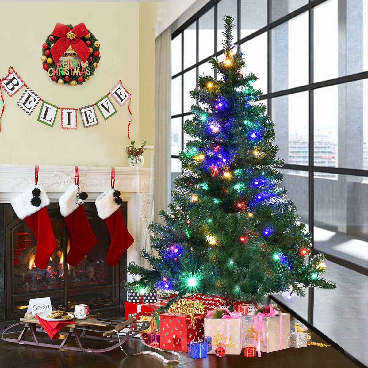 Weihnachtsbaum Künstlicher Tannenbaum mit LED-Lichterketten Christbaum beleuchtet 150cm