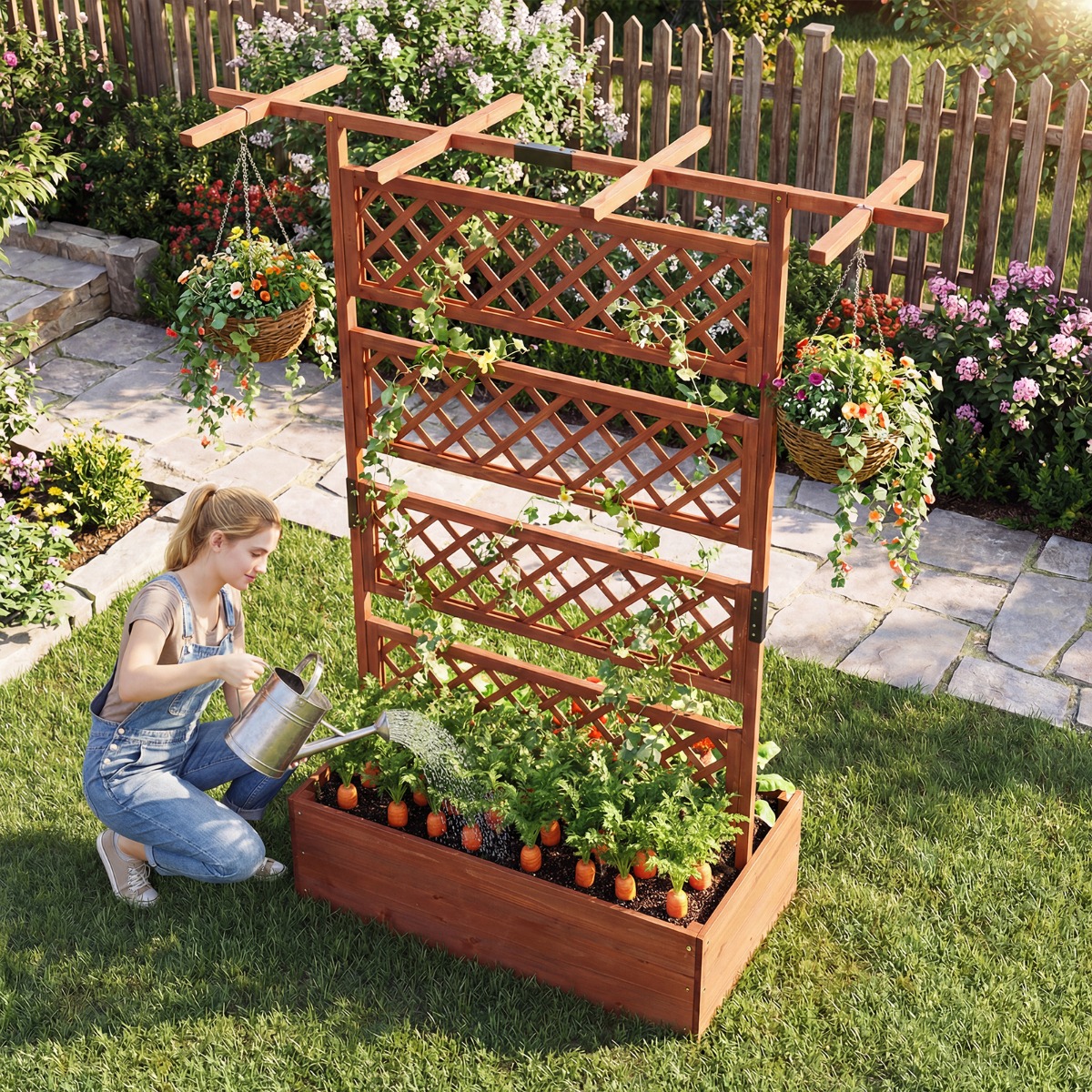 Blumenkasten mit Rankgitter & Dach Pflanzkübel mit Sichtschutz Tannenholz Pflanzkasten Hochbeet