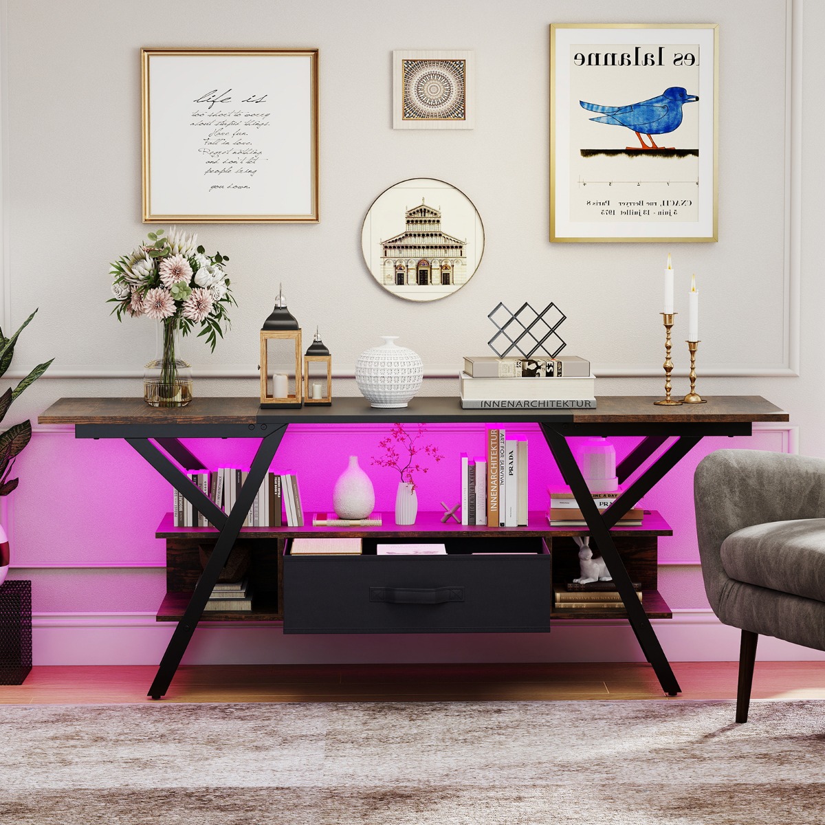 TV-Ständer für 65-Zoll-Fernseher 3-stufiges Entertainment-Center mit LED-Leuchten Rustikal Braun