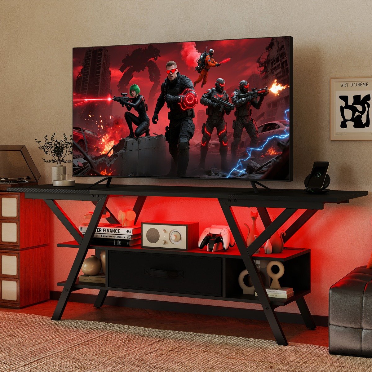 TV-Ständer für 65-Zoll-Fernseher 3-stufiges Entertainment-Center mit LED-Leuchten Schwarz