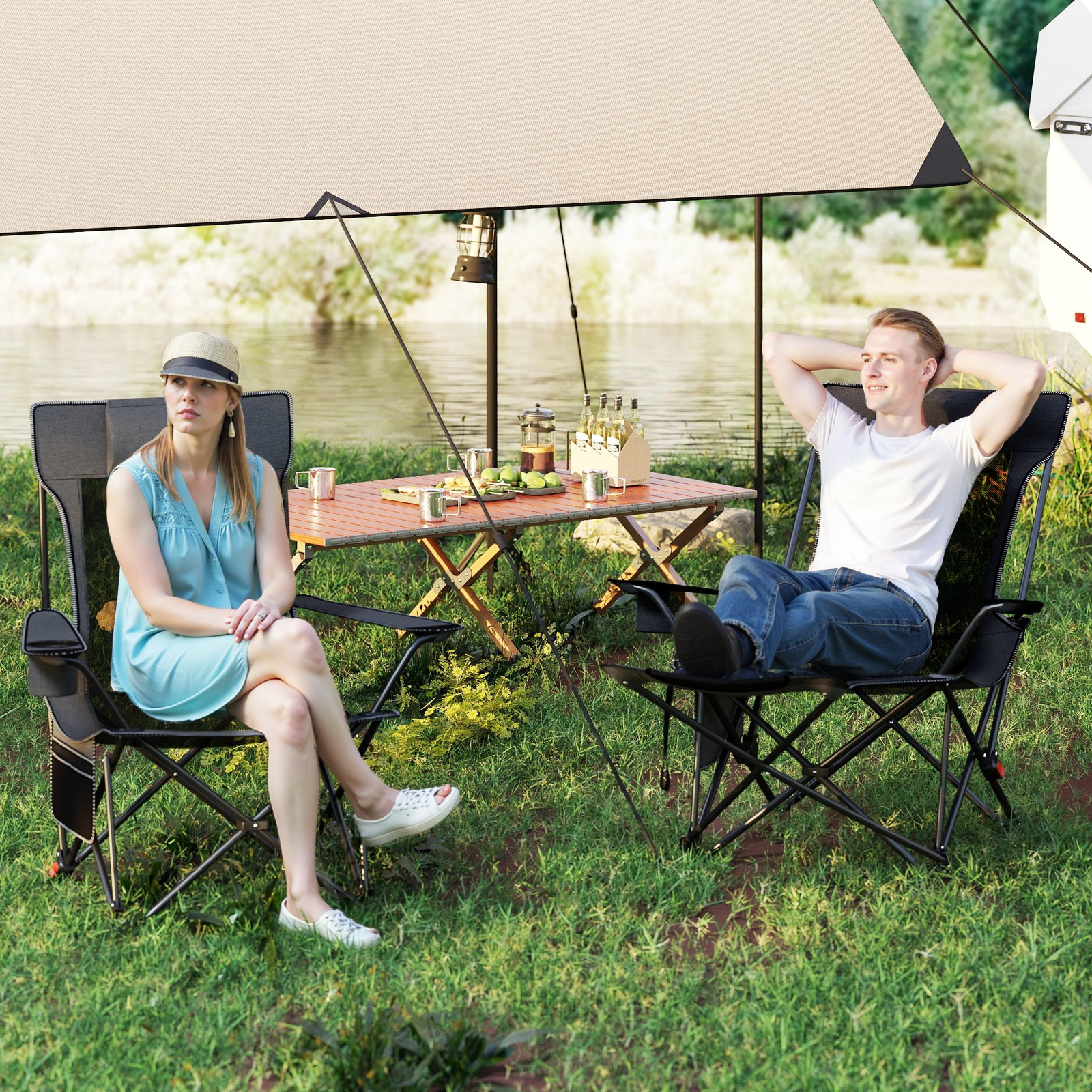 2er Set Campingstuhl mit Abnehmbarer Fußablage & Verstellbarer Rückenlehne & Kopfstütze Angelstuhl Grau
