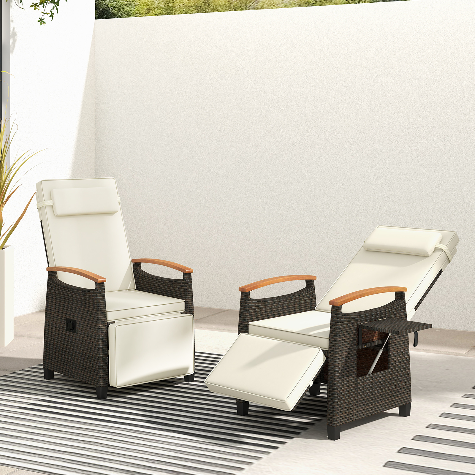 2er Set Relaxliege Rattan Liegesessel mit weichen Kissen Verstellbarer Rückenlehne und Fußstütze Liegestuhl Weiß