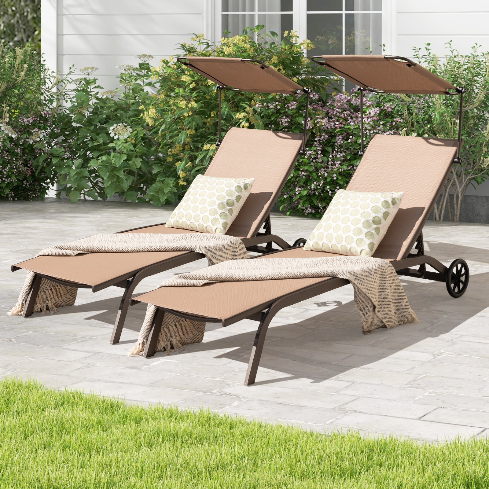 2er Set Terrassenliege Outdoor-Liegestuhl mit Rädern Strandliege aus Metall Braun