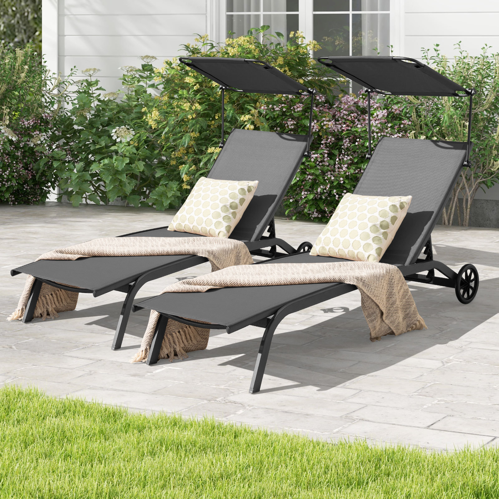 2er Set Terrassenliege Outdoor-Liegestuhl mit Rädern Strandliege aus Metall Grau