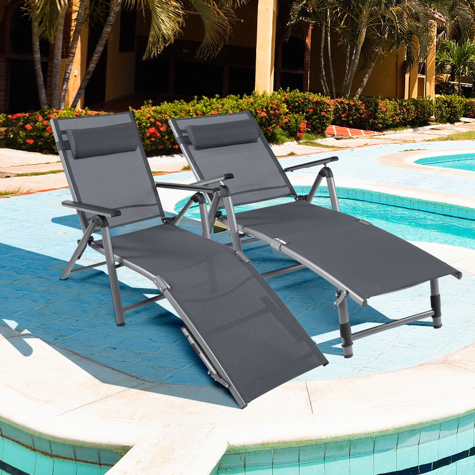 2er Set Terrassenliegestuhl Outdoor-Terrassenstuhl Klappliege mit 8 verstellbaren Rücken Schwarz