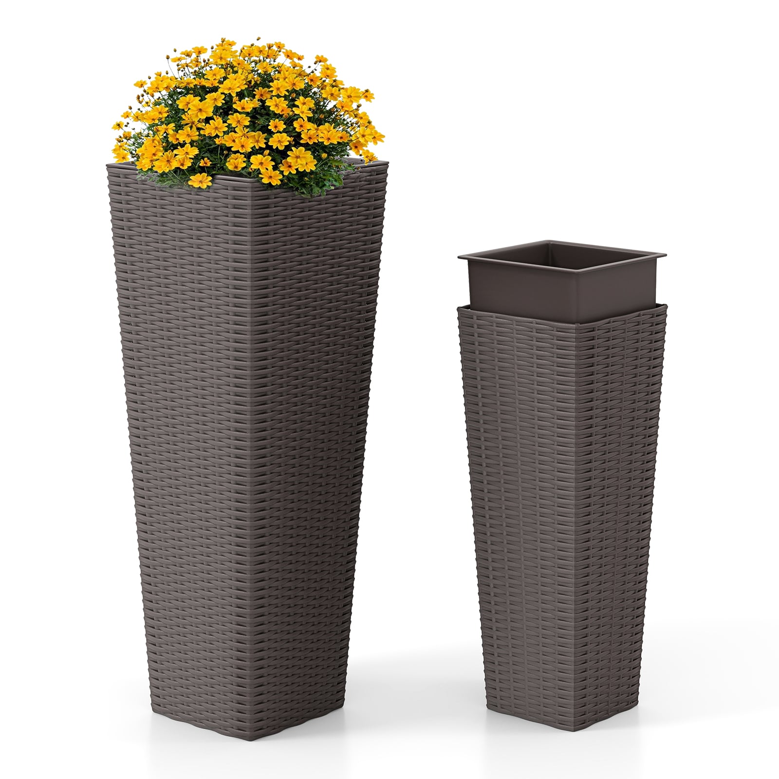 2er Pflanzkübel mit Innentopf 82 cm / 60 cm hoch Rattan Pflanzgefäße stapelbar Blumentöpfe mit Entwässerungslöchern Braun