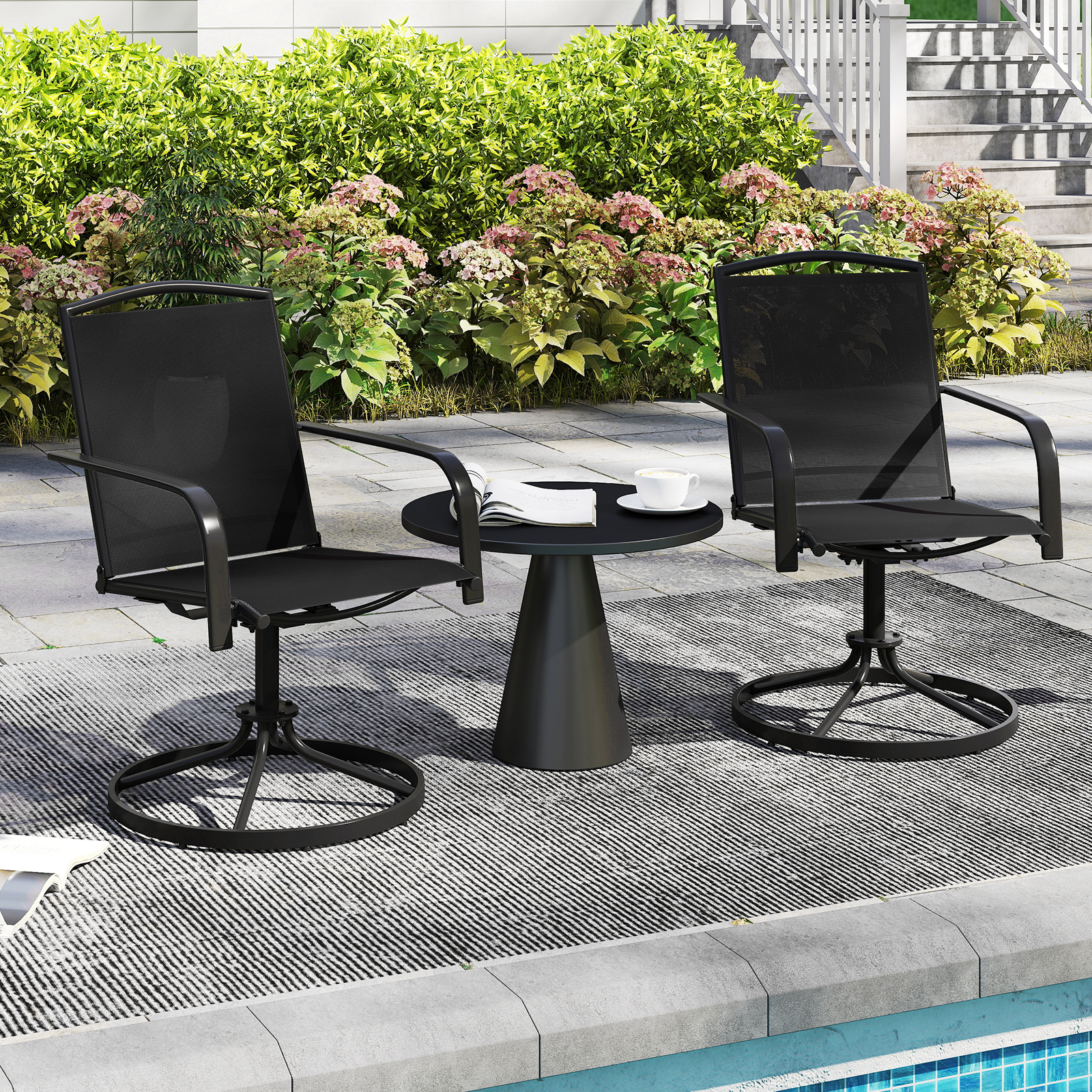 2er Set 360° Drehbare Gartenstühle mit Schnell Trocknendem Stoff Terrassenstühle Schwarz