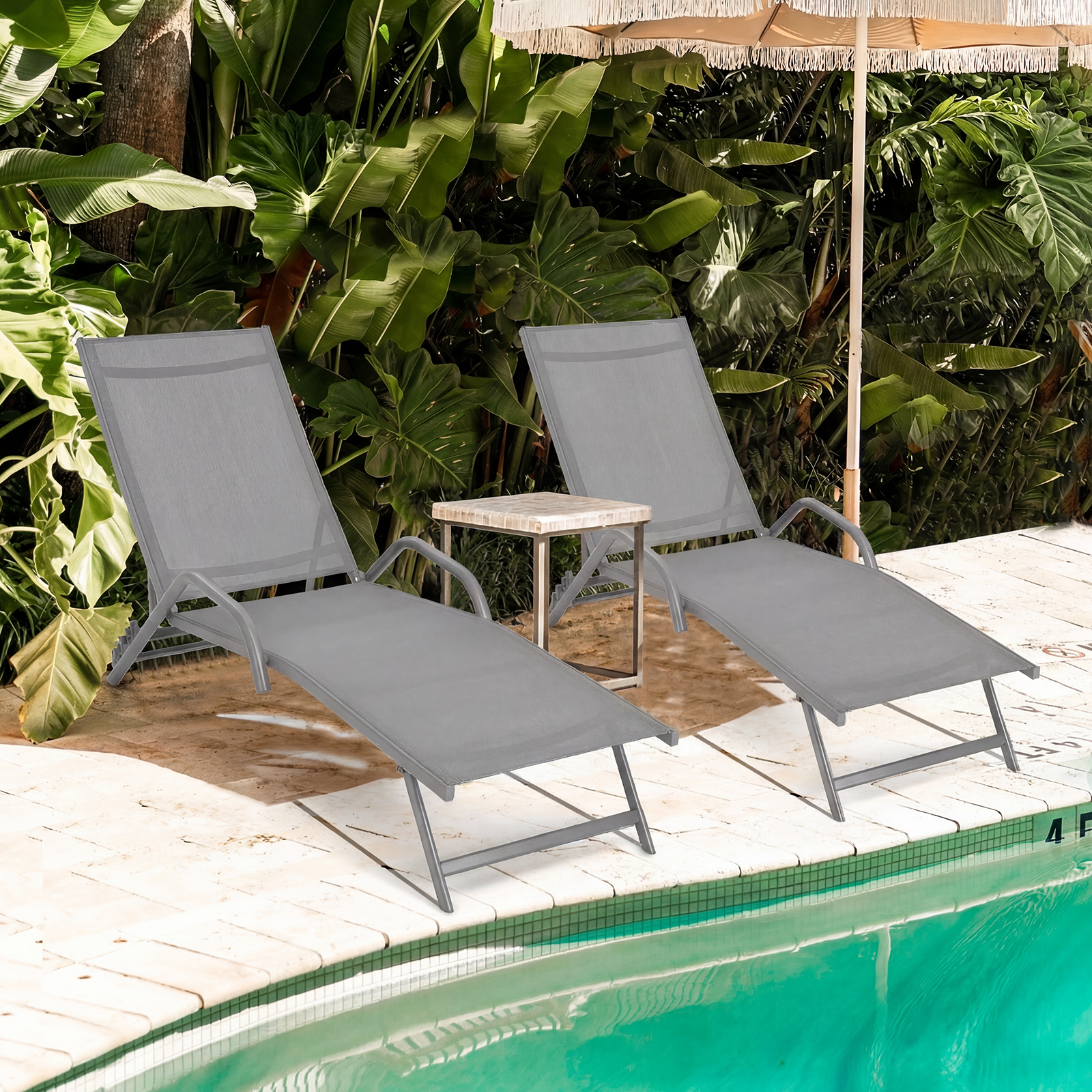 2er Set 5-Position Verstellbare Terrasse-Lounges mit Atmungsaktivem Sitz für Outdoor Grau