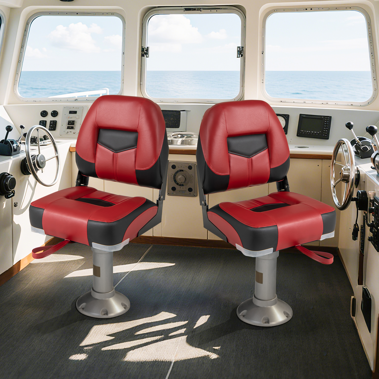 2er Set Bootssitz klappbar Bootsstuhl mit 11 cm dicker Schwammpolsterung gepolsterter Steuerstuhl 50 x 42 x 52 cm Rot